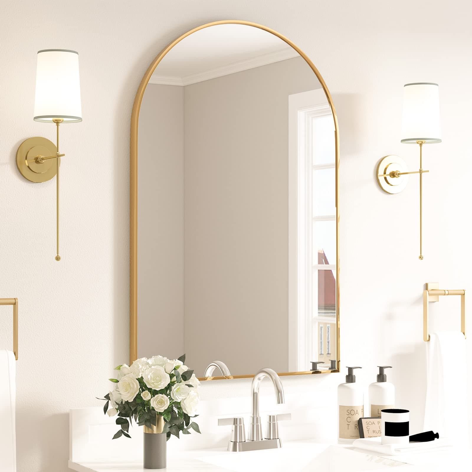 CASSILANDO Arched Mirror, 20"×30" Arched Bathroom Mirror, Metal Frame Mirror, Unique Wall Mounted Mirror, Gold Vanity for Living Room, Fireplace, Bedroom, Entryway