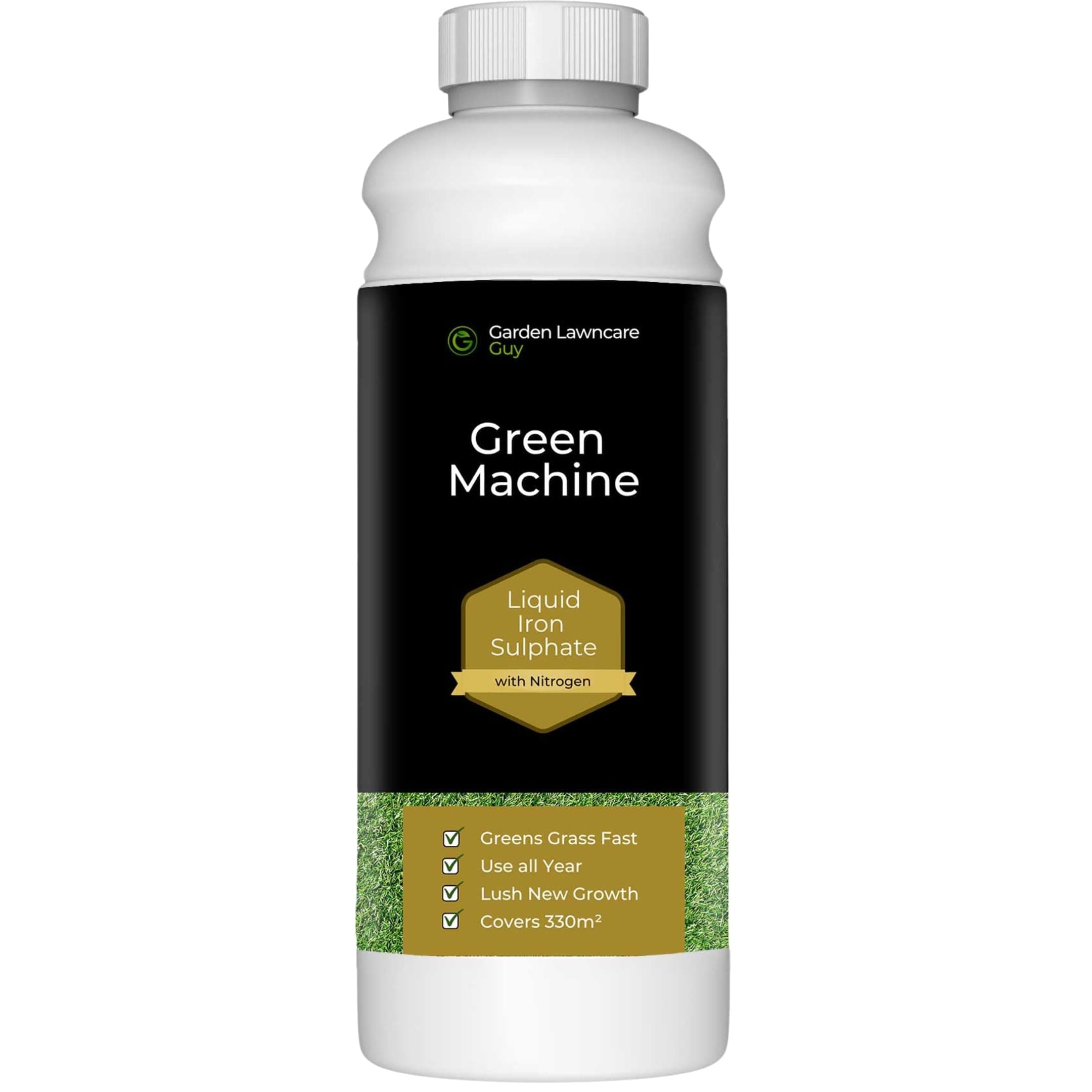 Green Machine - Liquid Iron Sulphate with Nitrogen Lawn Feed - Grass Fertiliser & Treatment for Lawns - Turns Grass Greener - 1 Litre covers 330m² - Garden Lawncare Guy