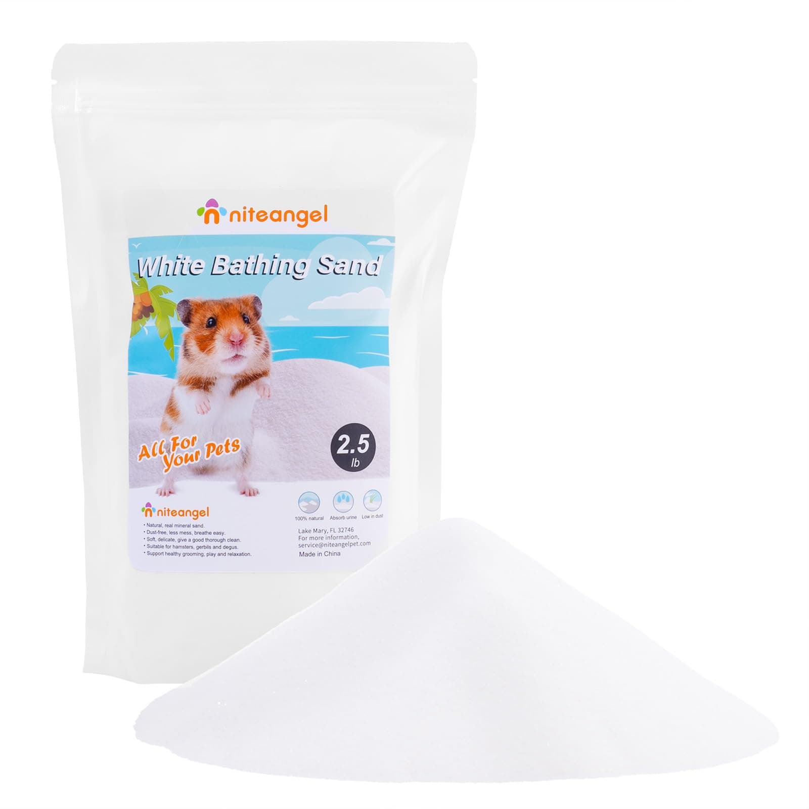 Niteangel Hamster Desert Bath Sand | No-Dust Bath or Potty Litter for Hamster Chinchillas Gerbil Mice Degu or Other Small Pets (White Sand, 2.5LB/40oz)