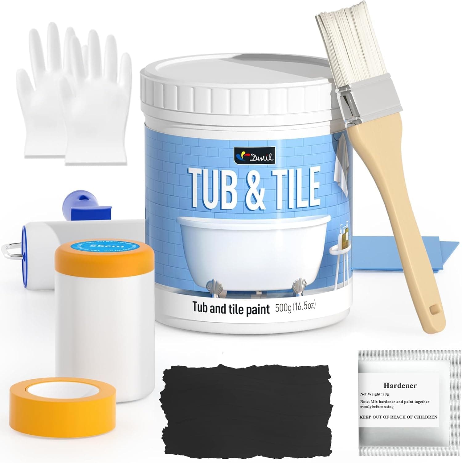 DWIL Tile Paint, Tub and Tile Refinishing Kit with Tools, Bathtub Paint Water Based &Low Odor, Easy to Use for Bathroom Kitchen, Semi-Gloss Black, 25-30sq.ft