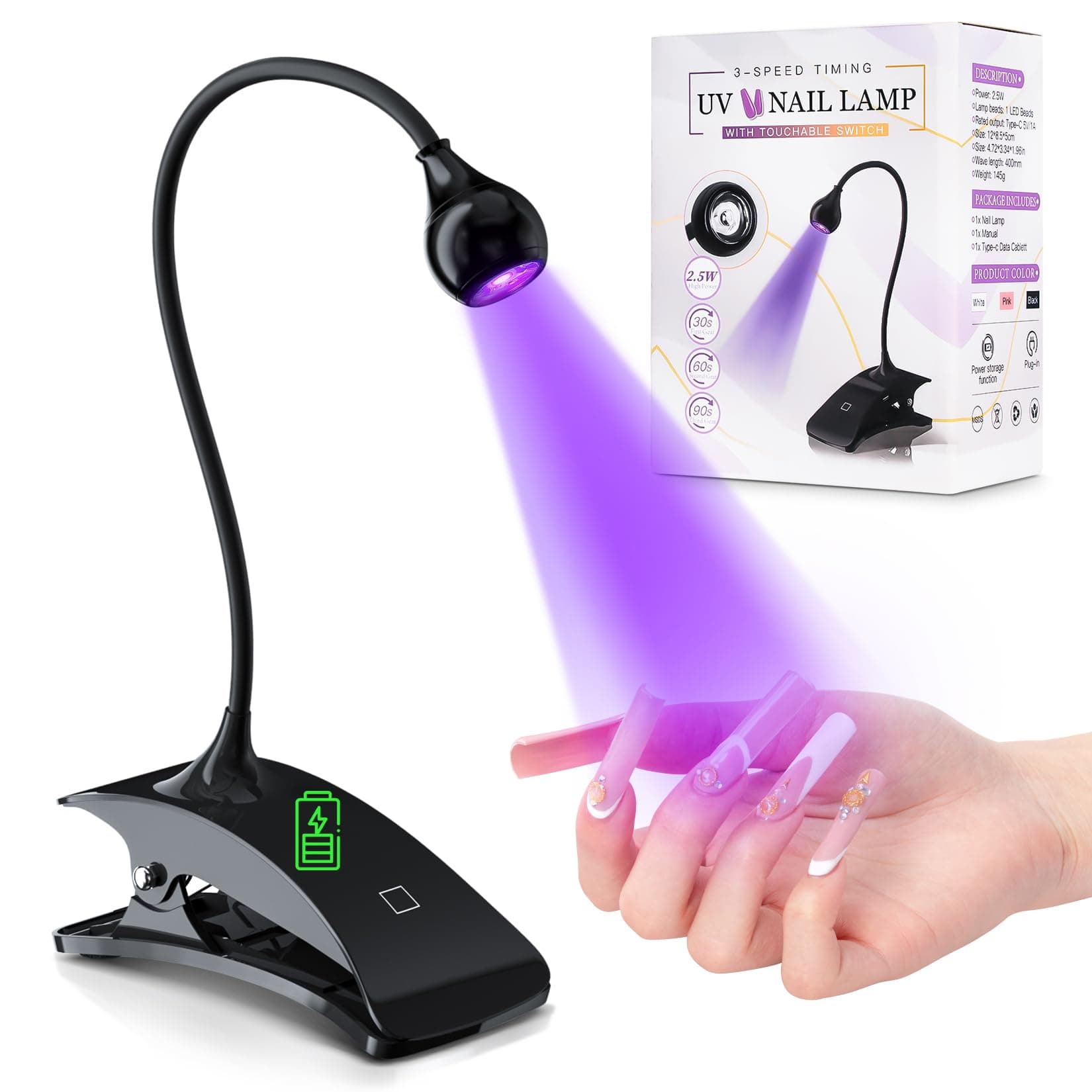 mlogiroa UV Light for Nails Touch Nail Dryer Rechargeable & Type-C Led Nail Lamp with Black Clamp Gel Lamp and Flash Cure Professional Manicure Home Salon