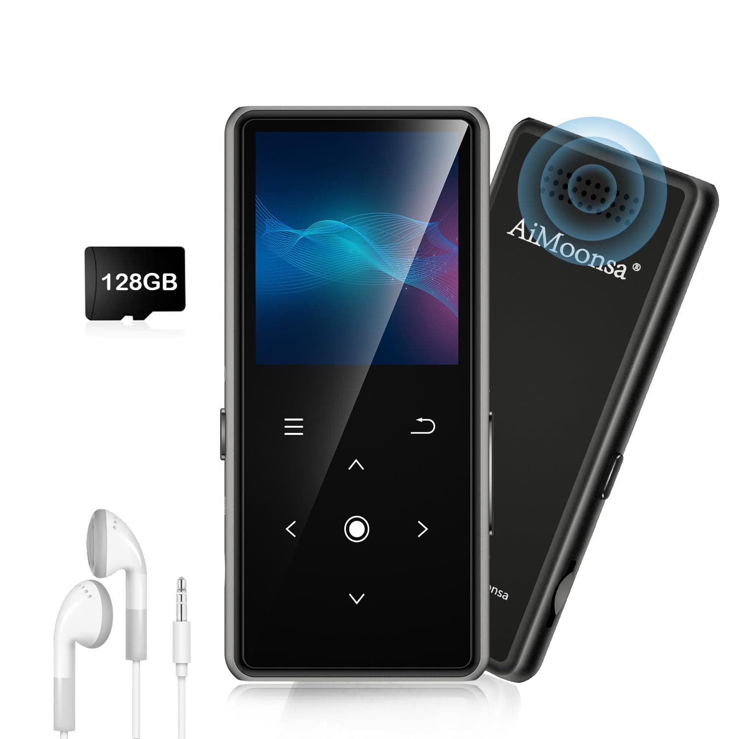 128GB MP3 Player with Bluetooth 5.2, AiMoonsa Music Player with Built-in HD Speaker, FM Radio, Voice Recorder, HiFi Sound, E-Book Function, Headphones Included