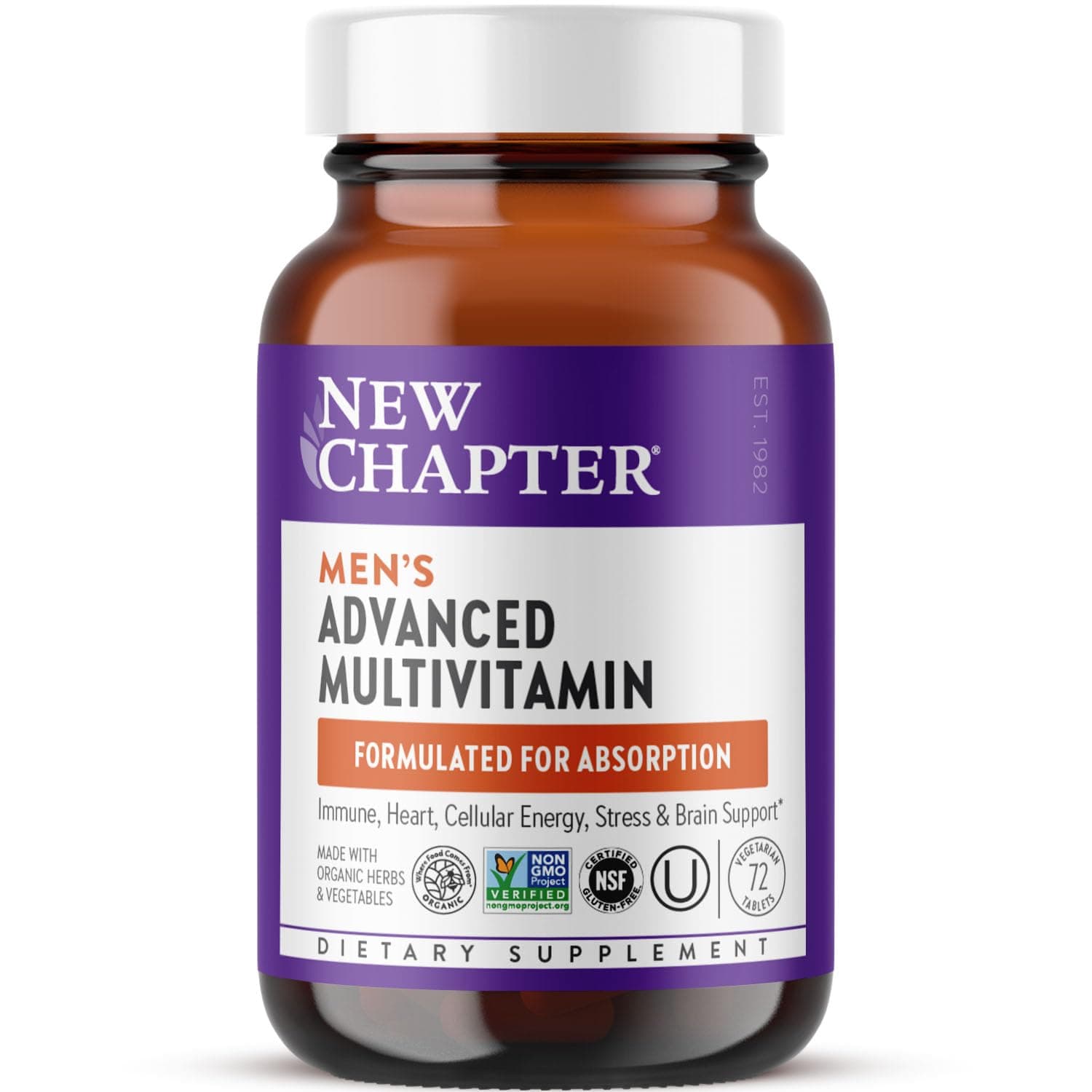 Men's Multivitamin Advanced Formula for Stress, Brain, Immune, Heart & Energy Support, Higher Levels of Whole-Food Fermented Essential Nutrients for Men + Selenium + B Vitamins, 72 ct