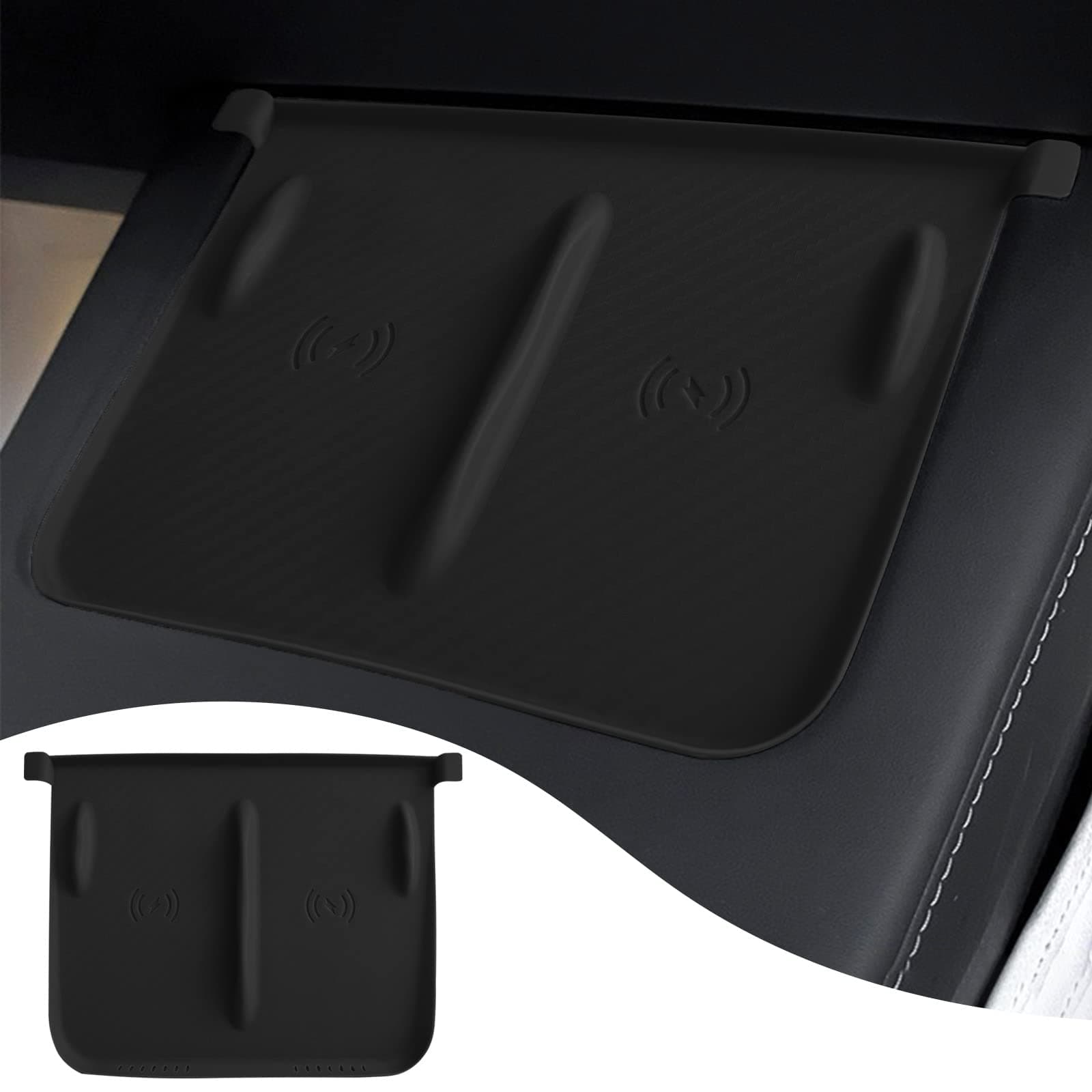 Center Console Wireless Charger Silicone Mat for Tesla Model 3 Model Y, Center Console Anti-Skid Pad Cover, Non Slip Dashboard Wireless Charging Mat, Tesla Interior Accessories (Carbon Fiber Black)