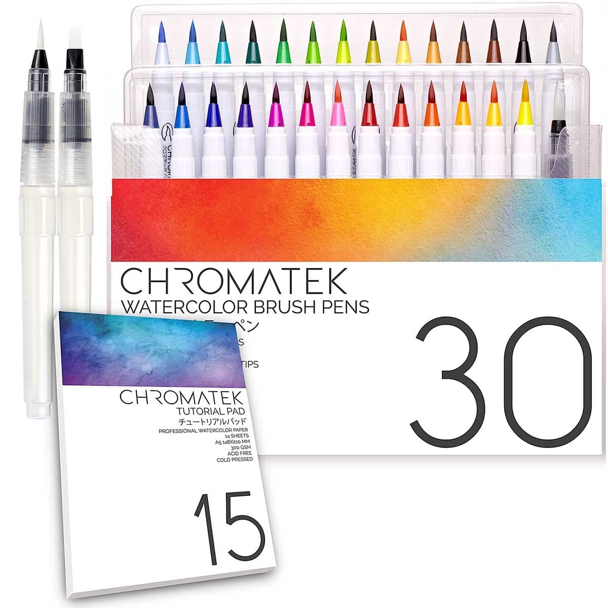 Watercolor Pens 30 Set with Tutorial Pad & Aqua Pens