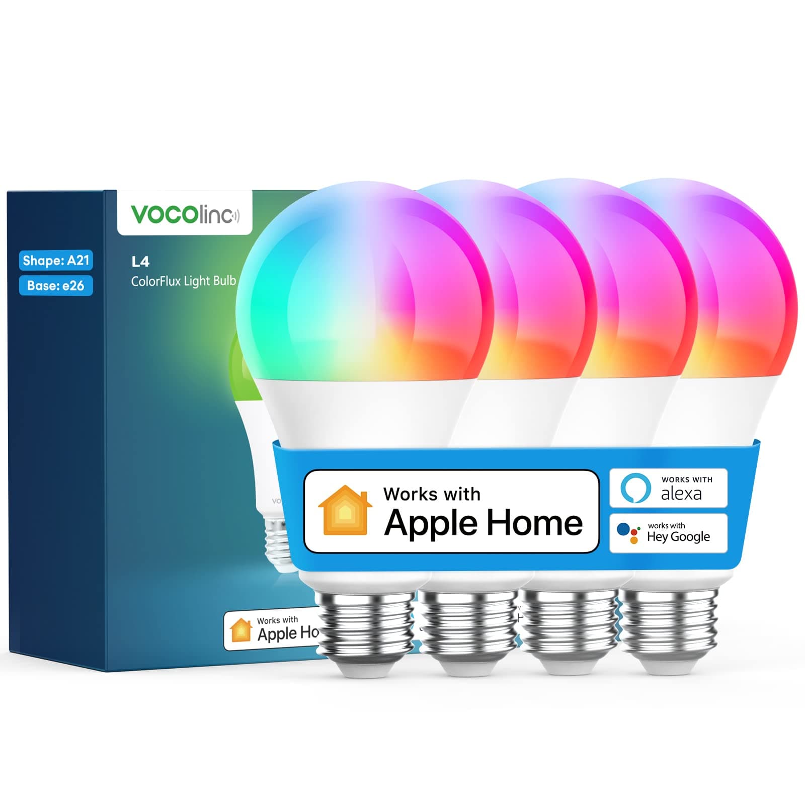 Smart Light Bulb Works with Apple Homekit, Alexa, Google Home, Full Color Changing WiFi LED Bulbs, 850 Lumens Dimmable Multicolor 2200K-7000K, A21, 9.5W, 4 Pack