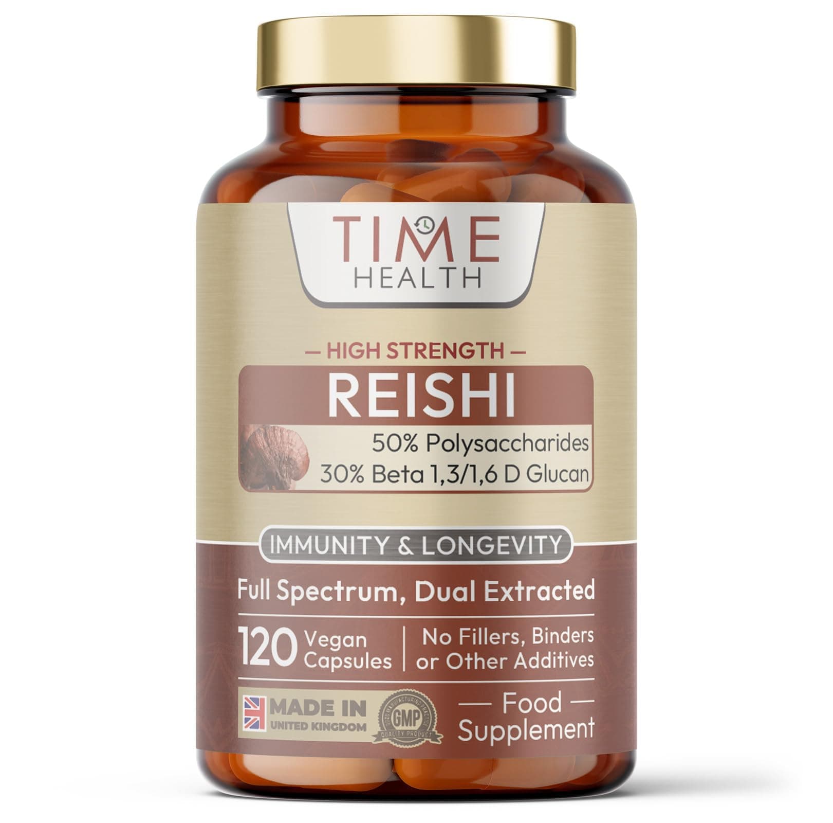 Reishi (Ganoderma lucidum) - High Strength 50% Polysaccharides / 30% Beta 1,3/1,6 D Glucan - Dual Extracted - UK Manufactured - Zero Additives - Pullulan (120 Capsules)