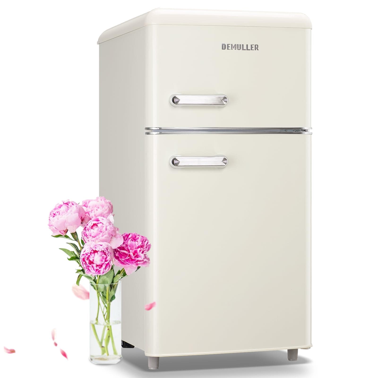 3.5 Cu.ft Retro Mini Fridge with Freezer Dual Doors & Handles Compact Refrigerator with 7 Thermostat Control Freestanding Small Fridge with LED Light Cream