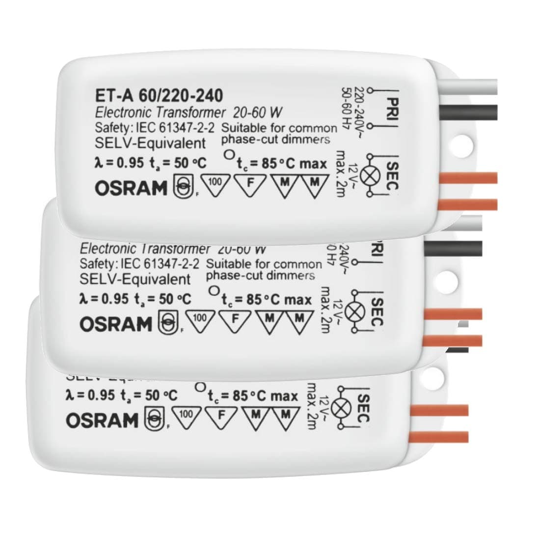 Electronic Transformer for LED and Halogen Spot Lights, 12V 20-60W, Dimmable LED Ballast Driver ET-A 60/220-240 (Pack of 3)
