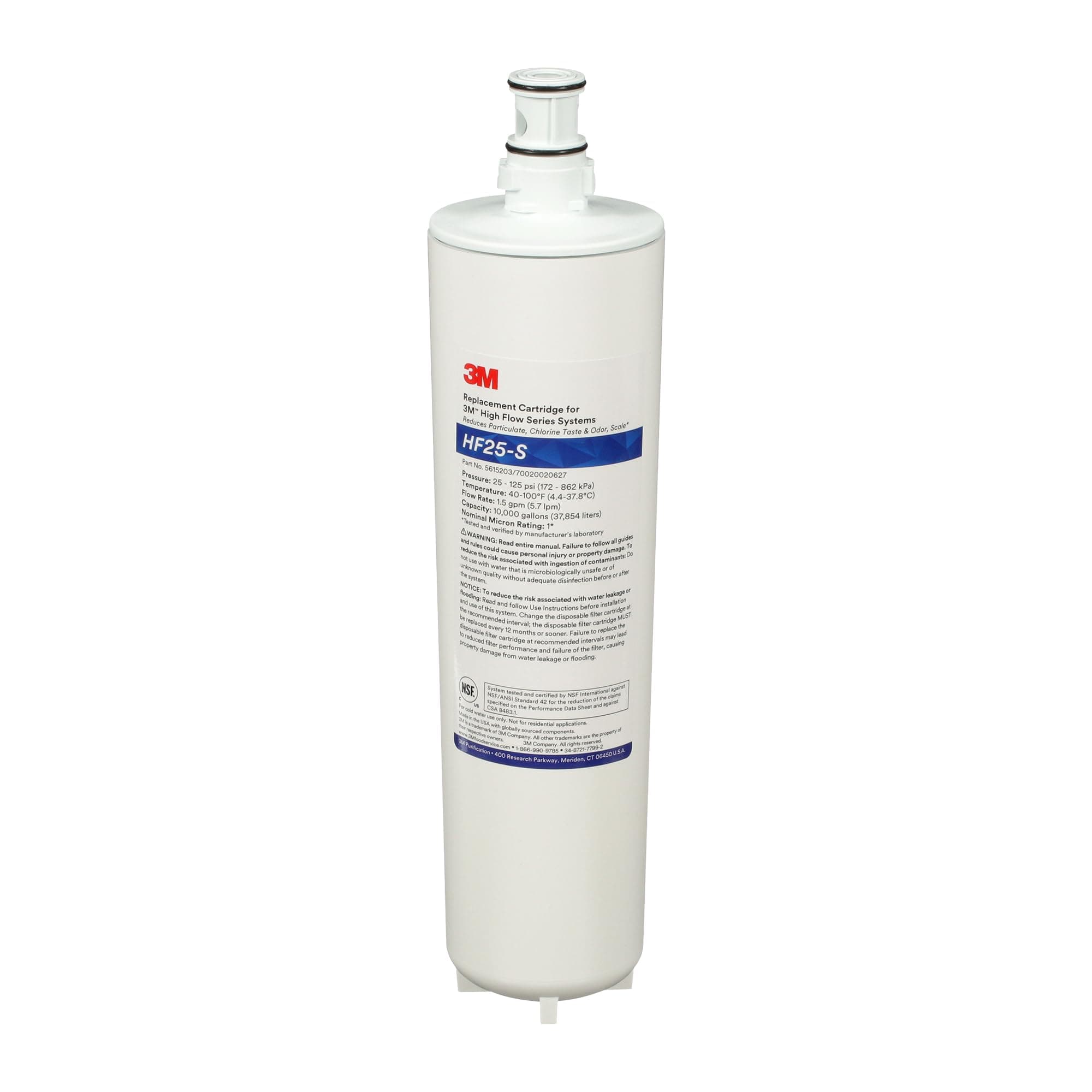 3M HF25-S High Flow Series Genuine Replacement Filter Cartridge for ICE125-S Water Filter System, Reduces Chlorine, Taste and Odor, Scale, and Particulate 1 Micron, 1.5 gpm, 5615203
