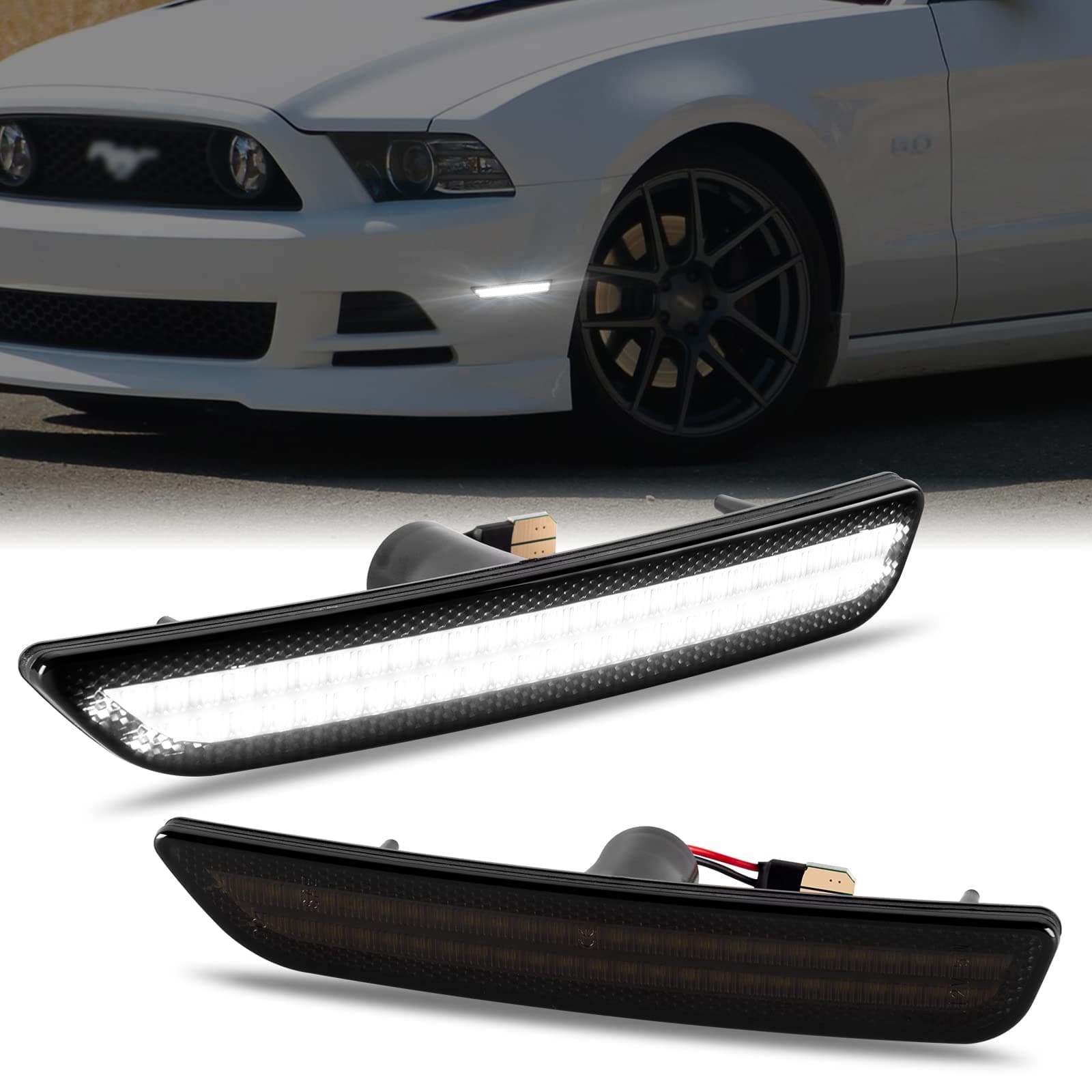 Gempro LED Front Side Marker Lights for Ford Mustang 2010-2014 White Bumper Marker Parking Lamps Smoked Len, 2PCS