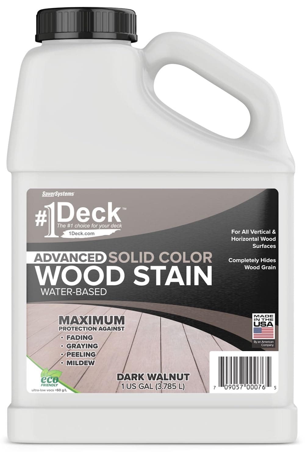 #1 Deck Premium Advanced Solid Color Outdoor Wood Stain and Sealer in One – Water Based Sealant for Wood Decks, Fences, & Siding - 1 Gal - Made in USA - Dark Walnut