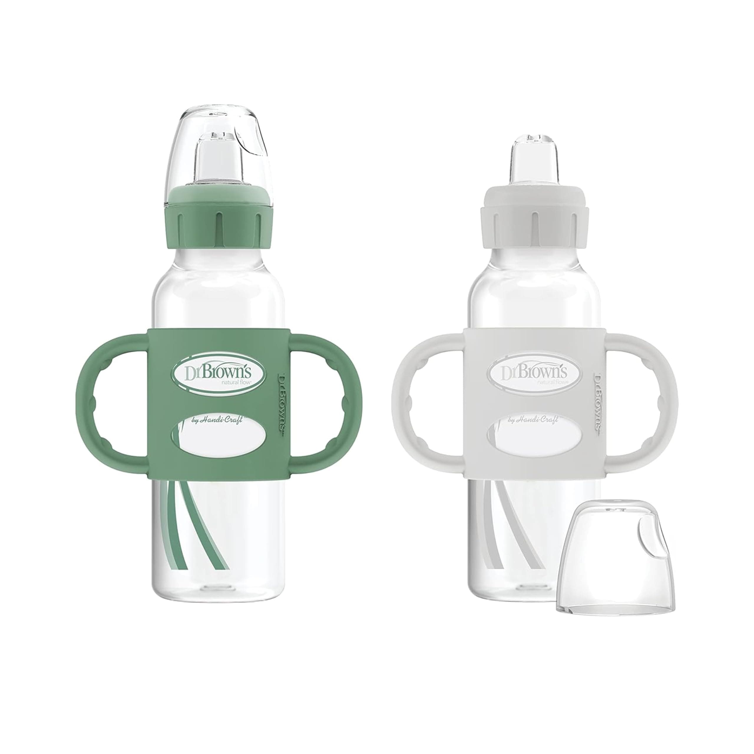 Dr. Brown’s Milestones Narrow Transitional Sippy Bottle with Silicone Handles 8oz 250mL 6m+ Green and Gray 2-Pack