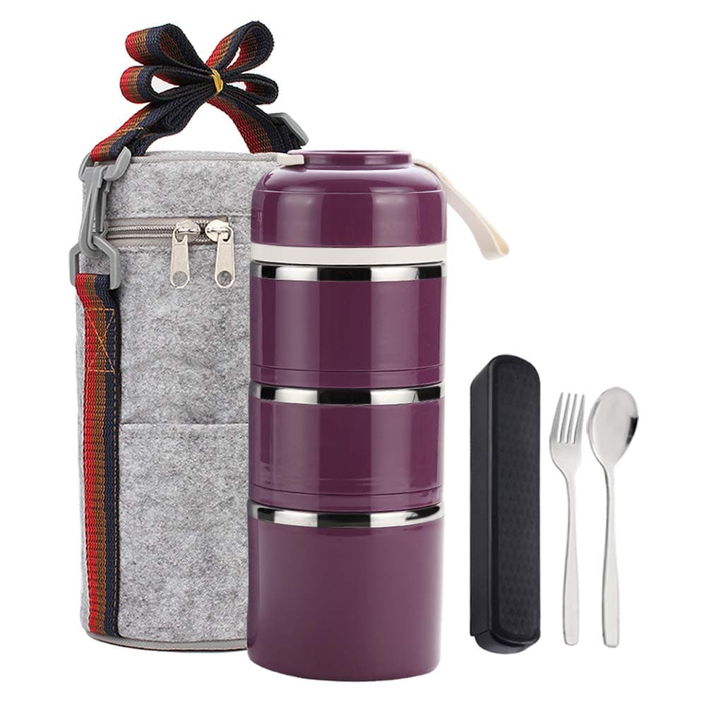 WORTHBUY Bento Lunch Box Leakproof Stainless Steel Stackable Lunch Box with Bag and Reusable Cutlery Set Thermal Food Storage Container for Healthy On-The-Go Meal and Snack Packing (3-Tier, Purple)