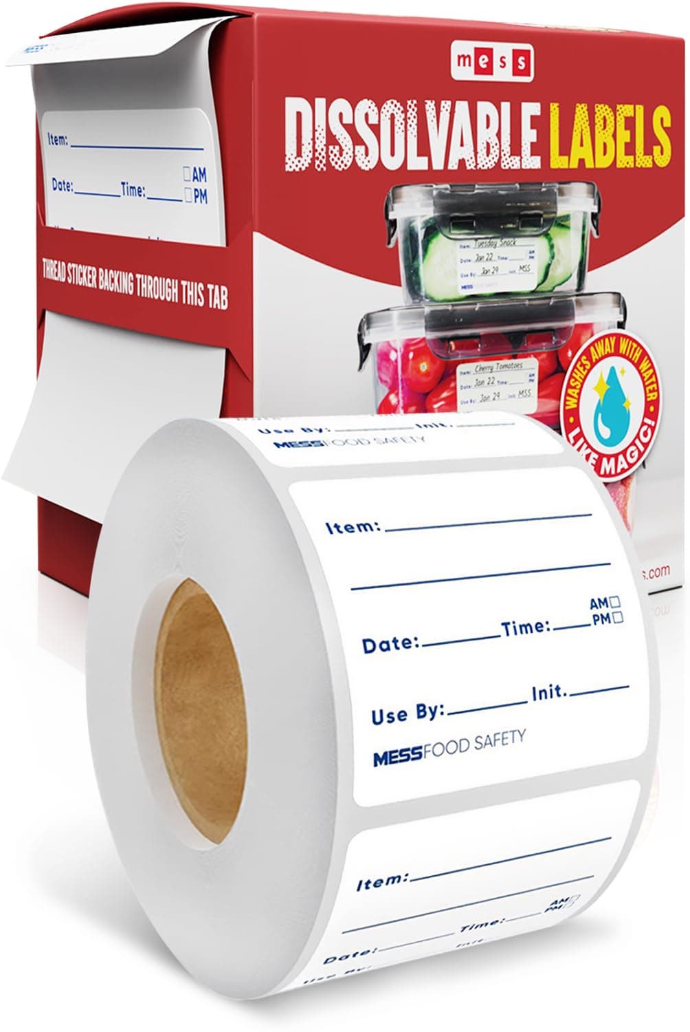 MESS Dissolvable Food Labels, Fill-in, 2x2 200/Roll - Dissolves in 30 Seconds or Less - Removable Pantry, Meal Prep & Food Storage Labels – Canning & Freezer Use