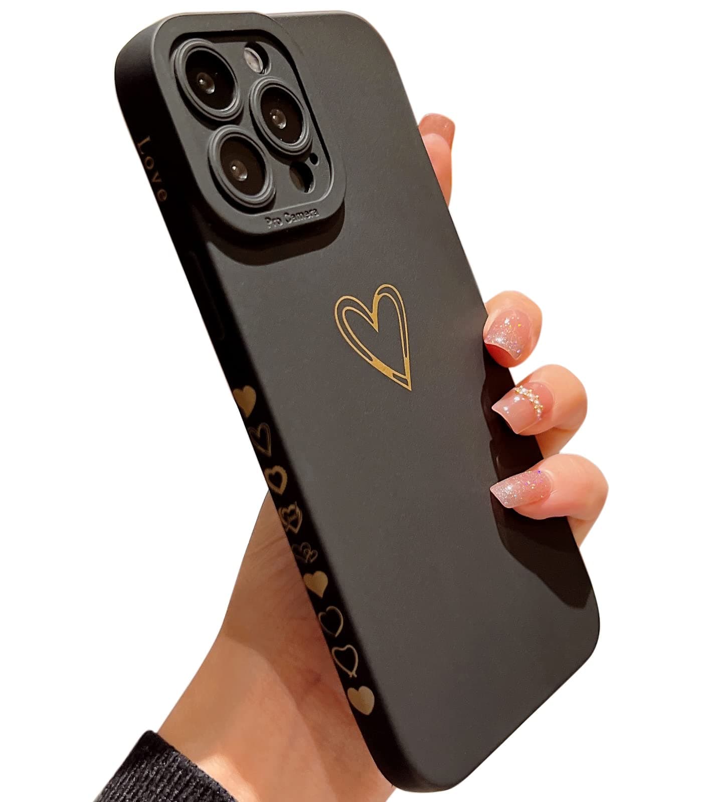 Qokey for iPhone 11 Pro Case 5.8" 2019(Not fits 11/11 Pro Max), Side Back Cute Plated Love Heart with Anti-Fall Lens Cameras Cover Protection Soft TPU Shockproof Anti-Fingerprint Phone Case,Black