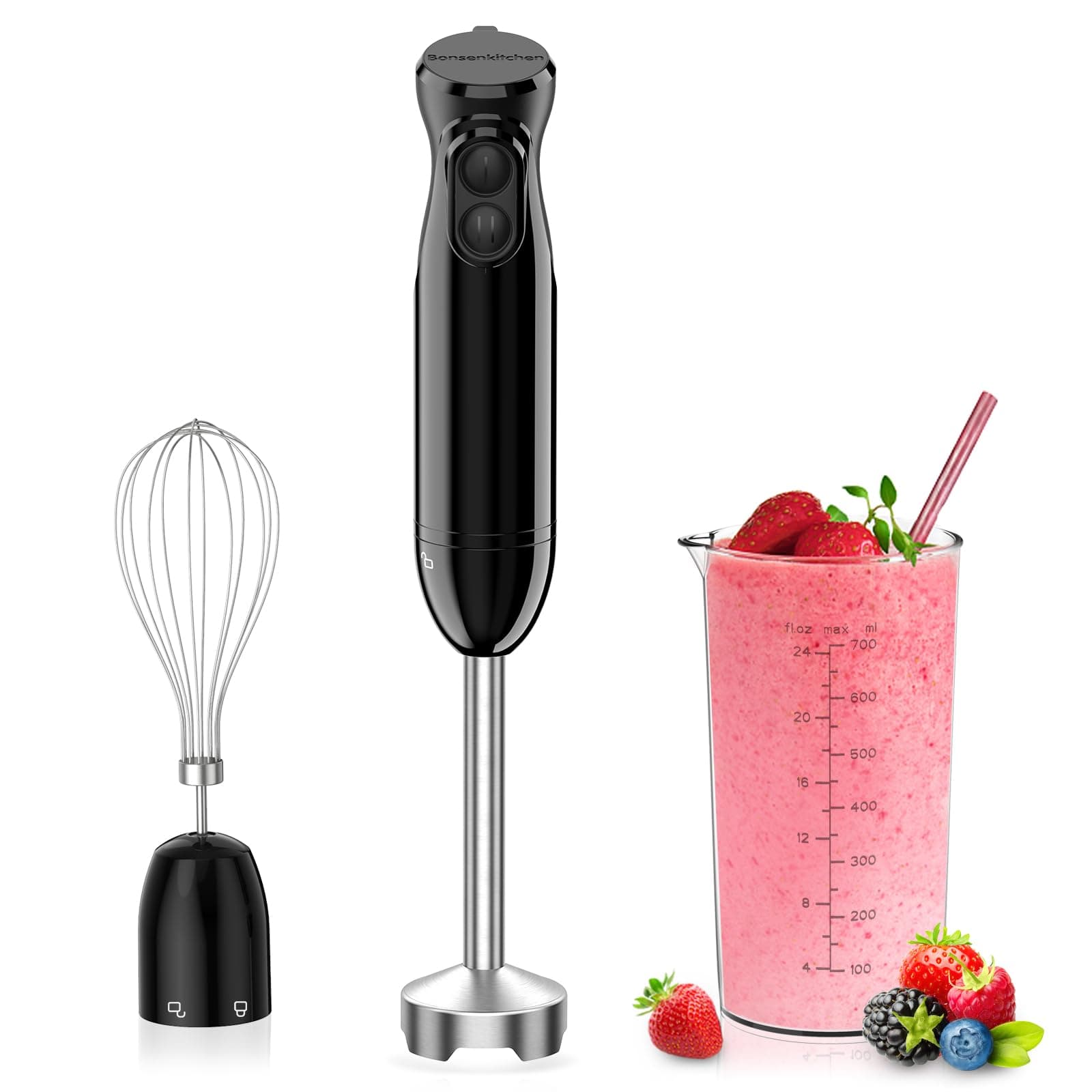 Bonsenkitchen Hand Blender, 3-in-1 Immersion Blender handheld, Stick Blender Electric with Stainless Steel Blade, Egg Whisk, 700ml Beaker for Making Baby Food, Soups, HB3202 (Black)