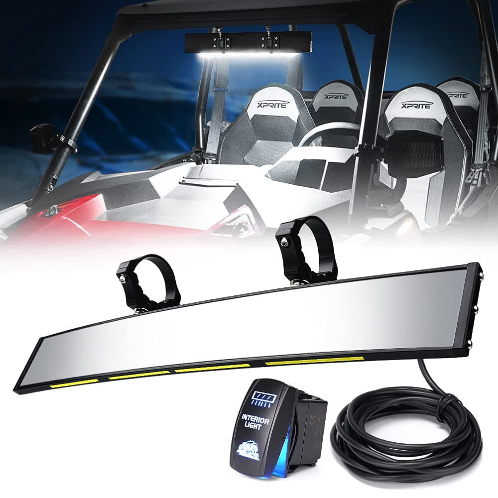 Xprite17.5" UTV Rear View Center Mirror w/Interior Lights and Rocker Switch, Aluminum Curved Rearview Mirrors fits 1.75"-2" Mount for Polaris RZR Can-Am X3 Kawasaki Yamaha, Patent Design