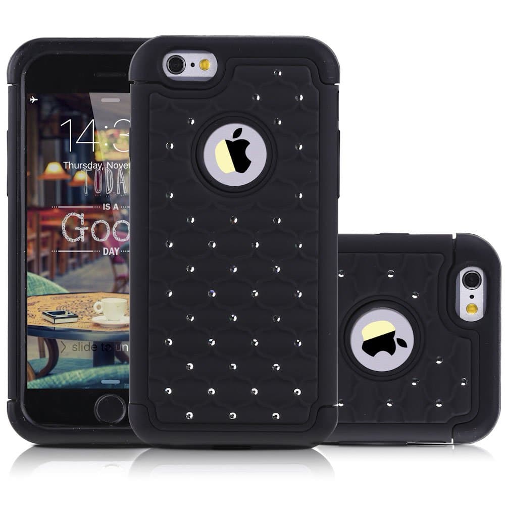 iPhone6S Case, Shockproof Heavy Duty Mobile Phone Case Hybrid Dual Layer Hard PC with Soft Rubber Apple iPhone 6S Cover 4.7 Inch Rhinestone Bling Dust/Drop Protective Cell Phone Case Shell (Black)