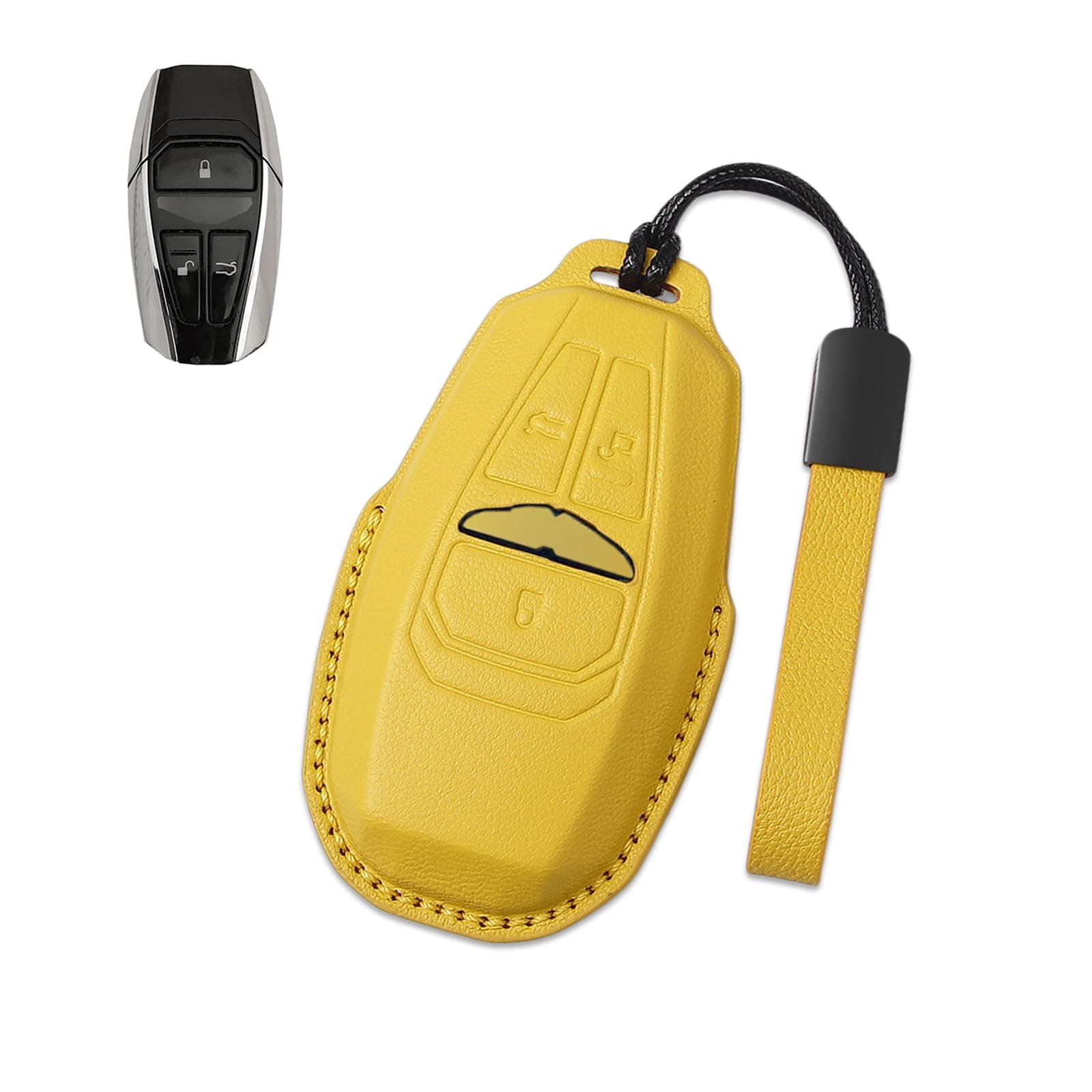 Goatskin Leather Key Fob Cover Key Case Holder Protector Shell Compatible with Aston Martin DB11 DBS Superleggera New Vantage(Yellow Keychain)