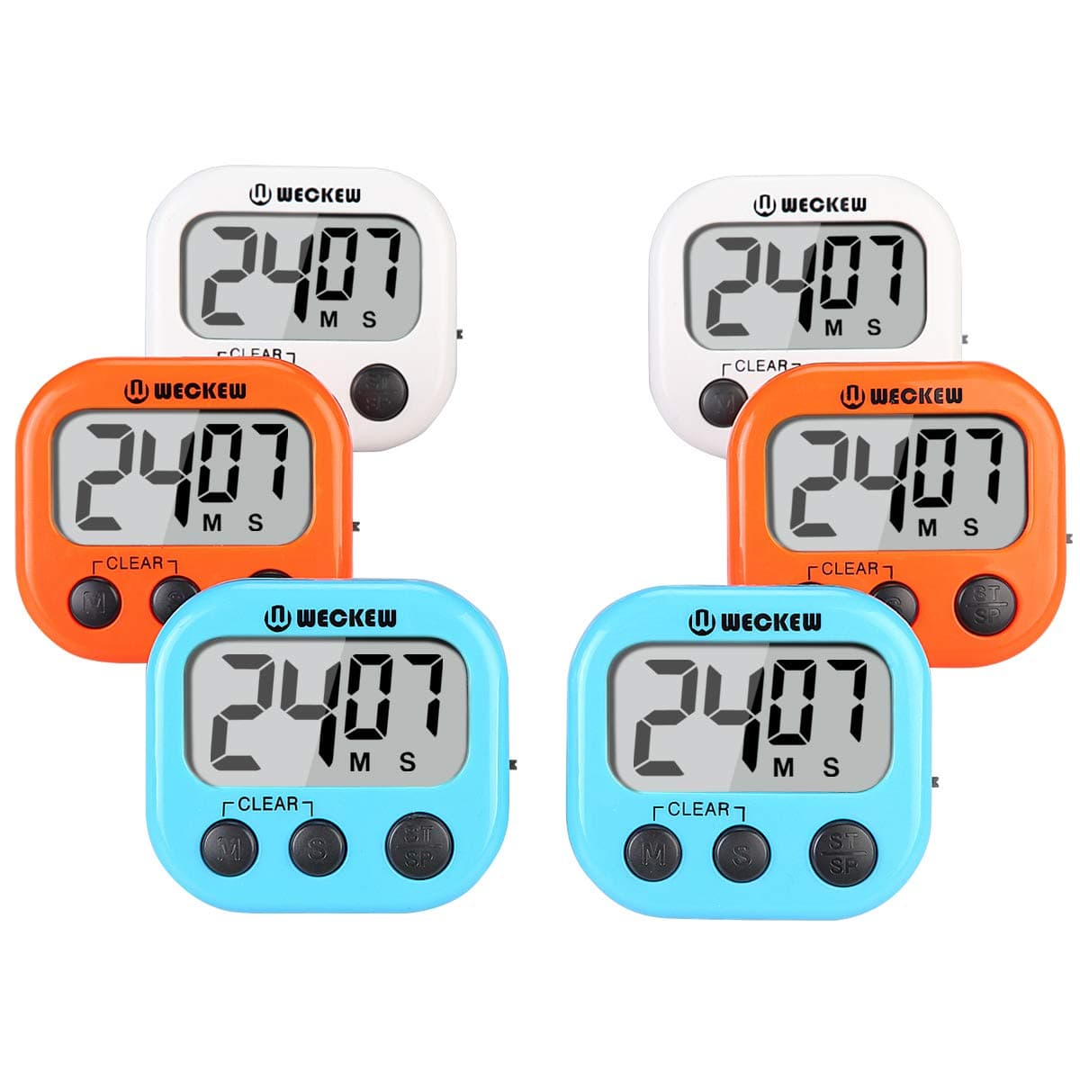 WECKEW Digital Kitchen Timer, Cooking Timer, Large Display, Strong Magnet Back, Loud Alarm, Count up Countdown Timer for Kids Baking Exercise Game (6 Pack, 2White+2Orange+2Blue)