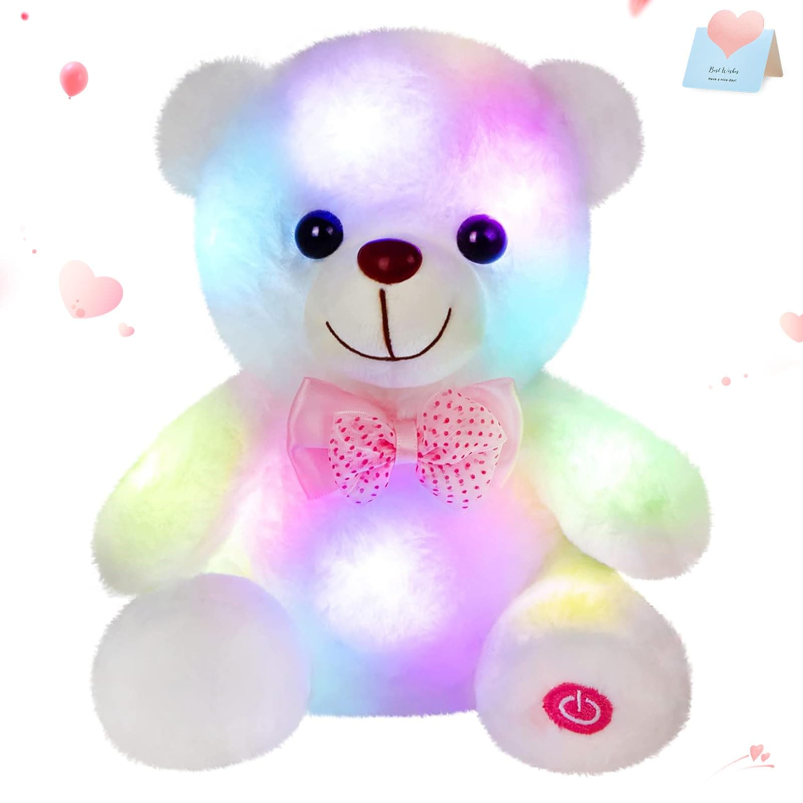 BSTAOFY Light up White Teddy Bear LED Stuffed Animal Soft Nightlight Glow Bear Plush Toy Gifts for Kids Mom Girls Birthday Christmas, 8" (White)