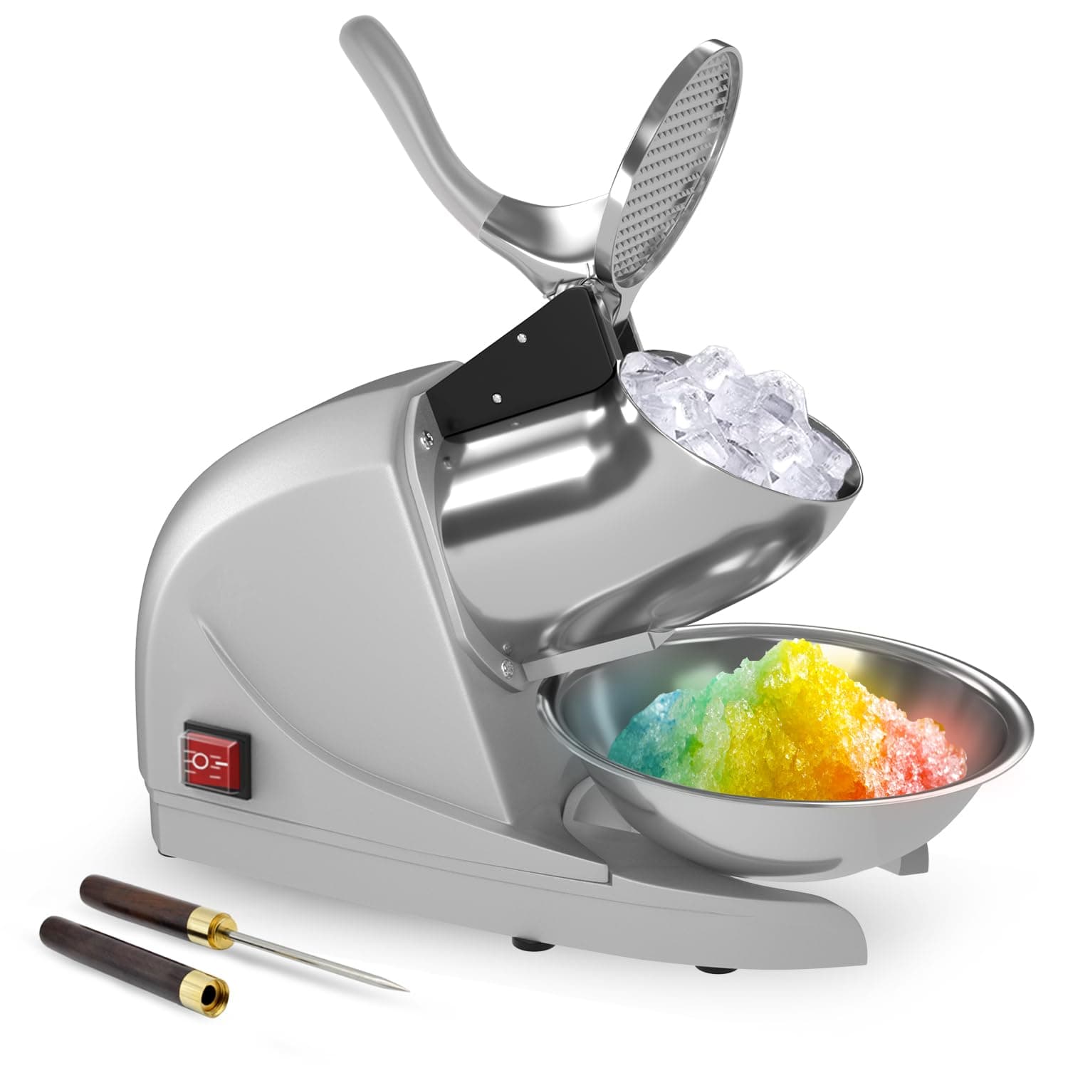 Ice Shaver Prevent Splash Electric Three Blades Snow Cone Maker Stainless Steel Shaved Ice Machine 380W 220lbs/hr Home and Commercial Ice Crushers (Silver)