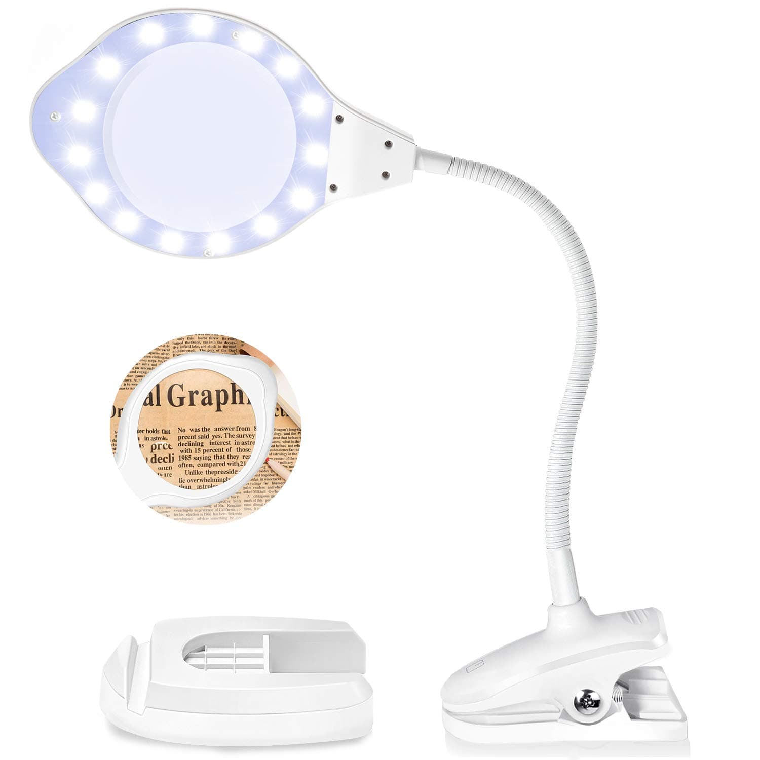 EletecPro Magnifying Lamp 2-4x Magnification, 30 Watts with LED Daylight, Clamp and Mobile Phone Holder Floor Magnifying Lamp with Stand Ideal for Precision Work, Reading and Hobbies Crafts (White)