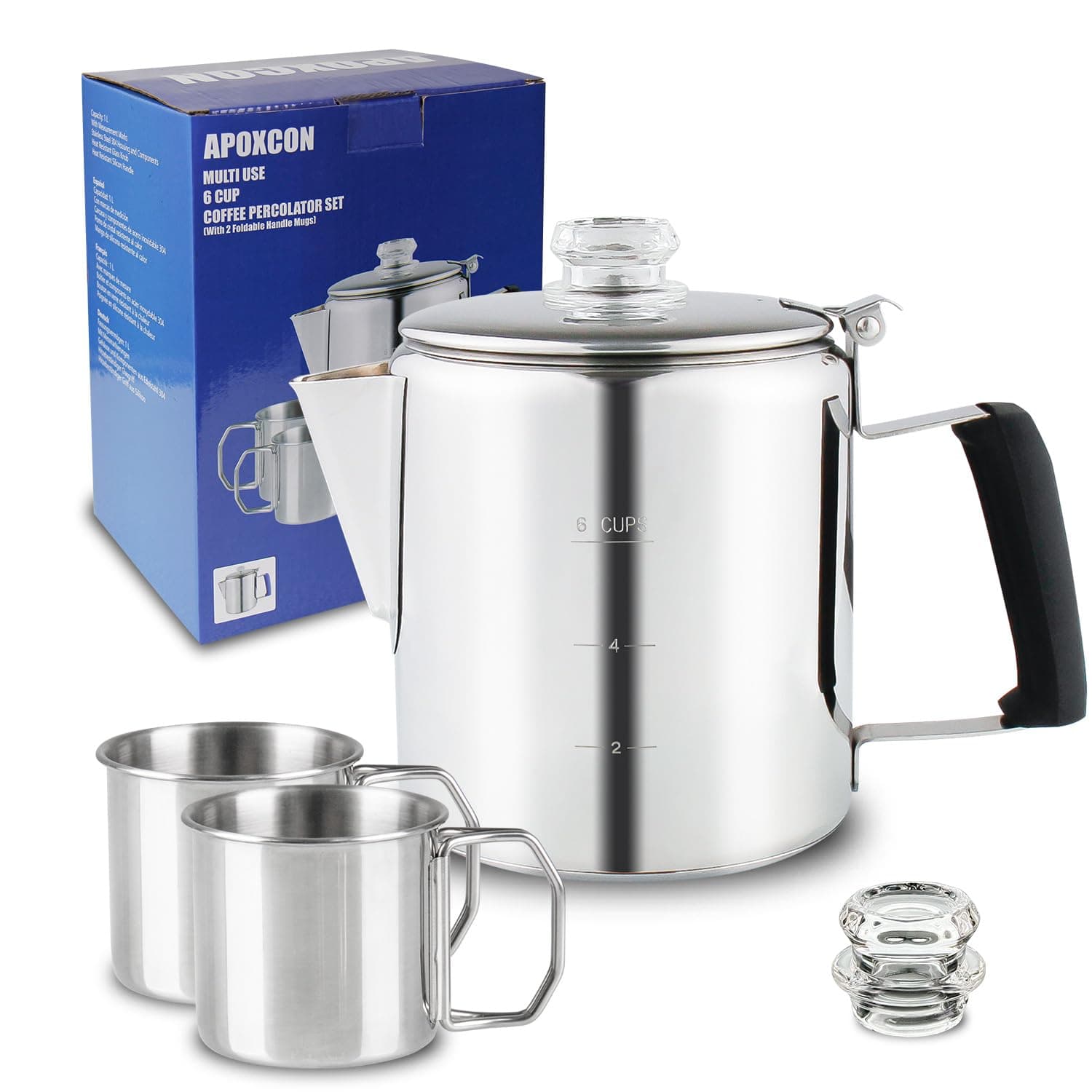 Multi Use Coffee Pot Bundle Coffee Percolator with 2 Mugs Stainless Steel Coffee Maker with Heat Resistant Borosilicate Glass Knob Anti-flame Silica Handle Using on any Stovetop 6 Cup