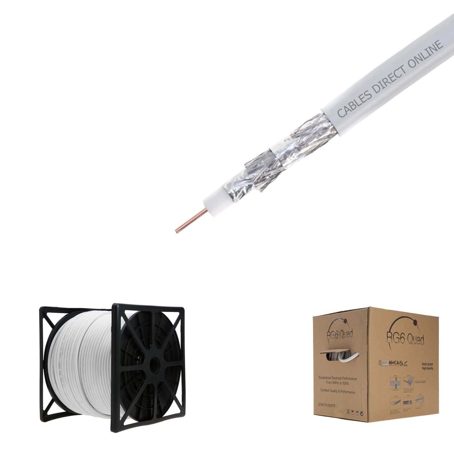 Cables Direct Online RG6 Coaxial Cable Quad Shield Bulk, 18 Gauge Copper Clad Steel (CCS) Conductor, Aluminum Braid, PVC Jacket, Reel Box, 500ft, White