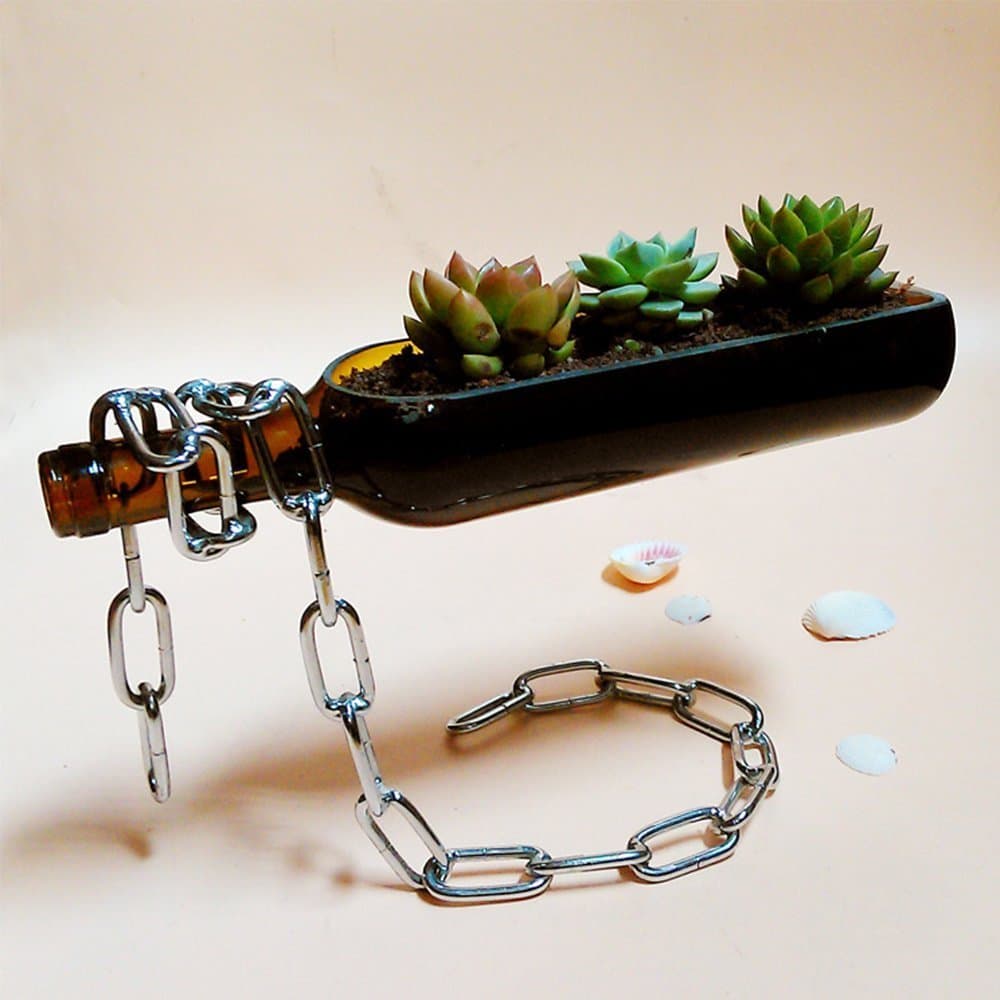 Magic Lasso Chain with Wine Bottle Flower Planter Set Floating Illusion Rack Stand (Brown)