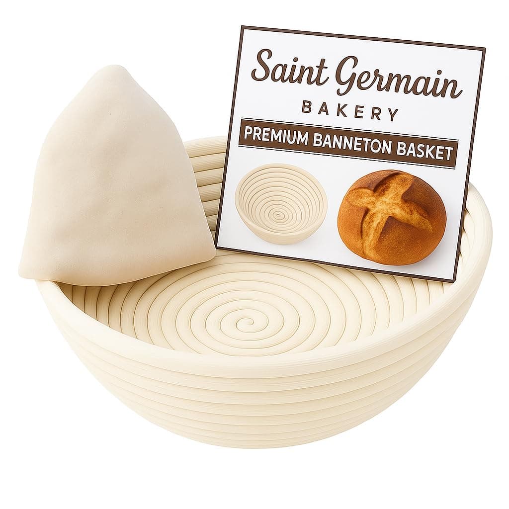 Saint Germain Bakery Premium Round Bread Banneton Basket with Liner - Perfect Brotform Proofing Basket for Making Beautiful Bread (9 inch)