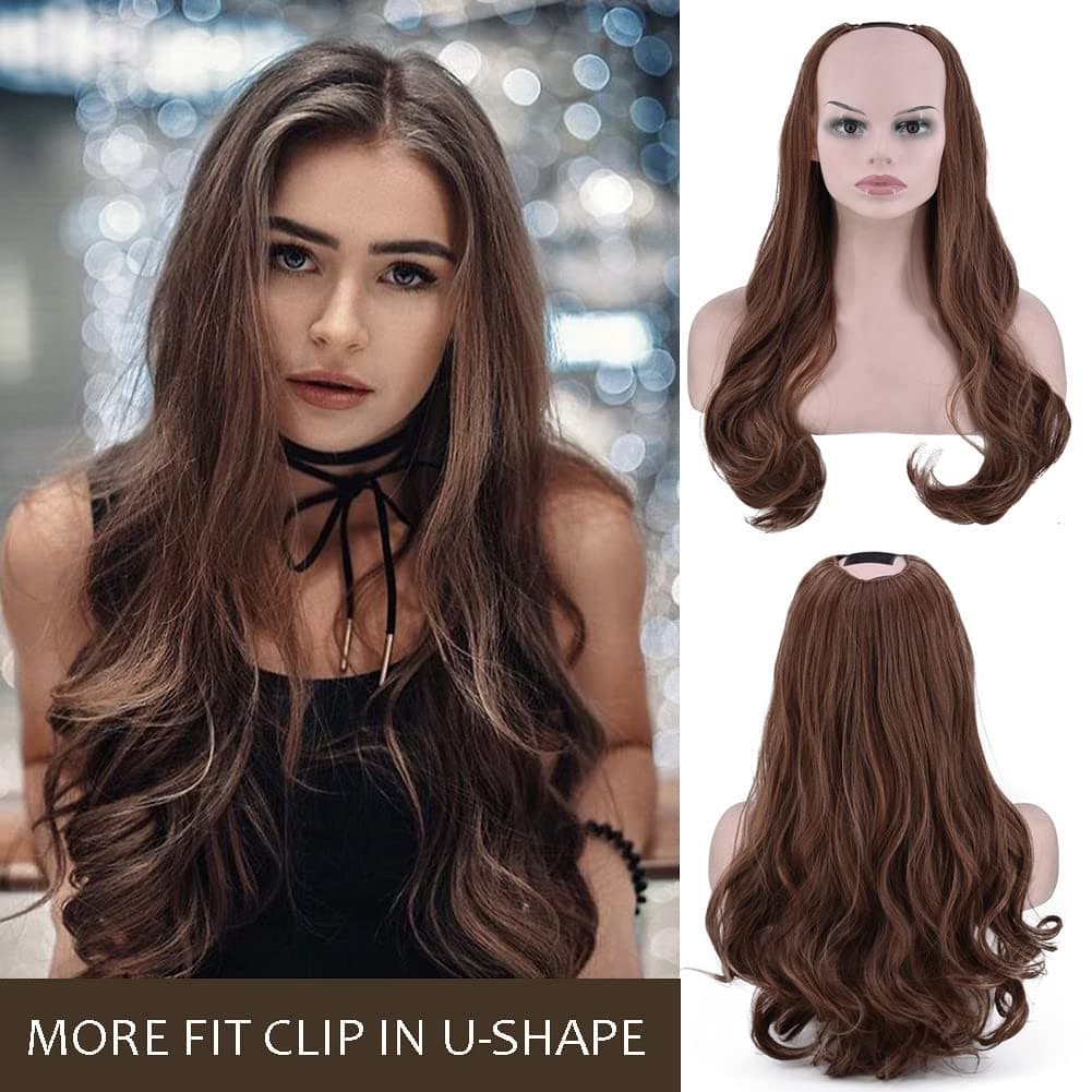 Wavy U-Shape Wig Clip in One Piece Hair Extension 3/4 Half Wig Hair Support 2/30# Dark Brown
