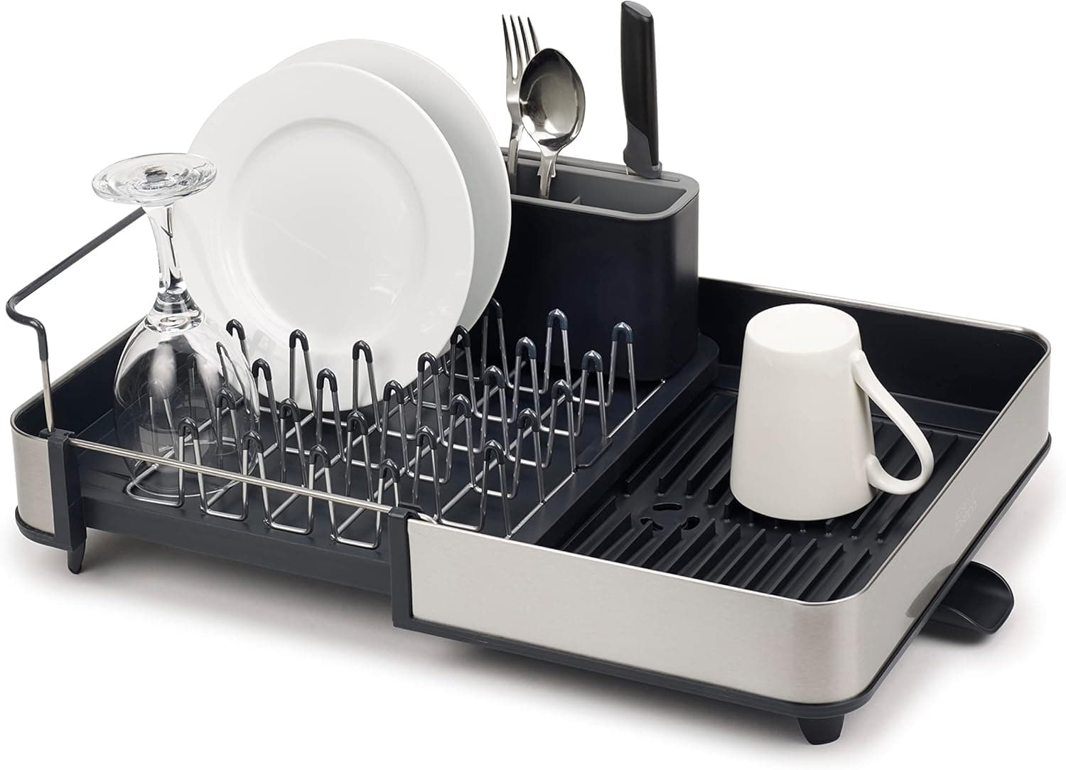 Stainless-Steel Extendable Dual Part Dish Rack Non-Scratch and Movable Cutlery Drainer and Drainage Spout, One-size, Gray.