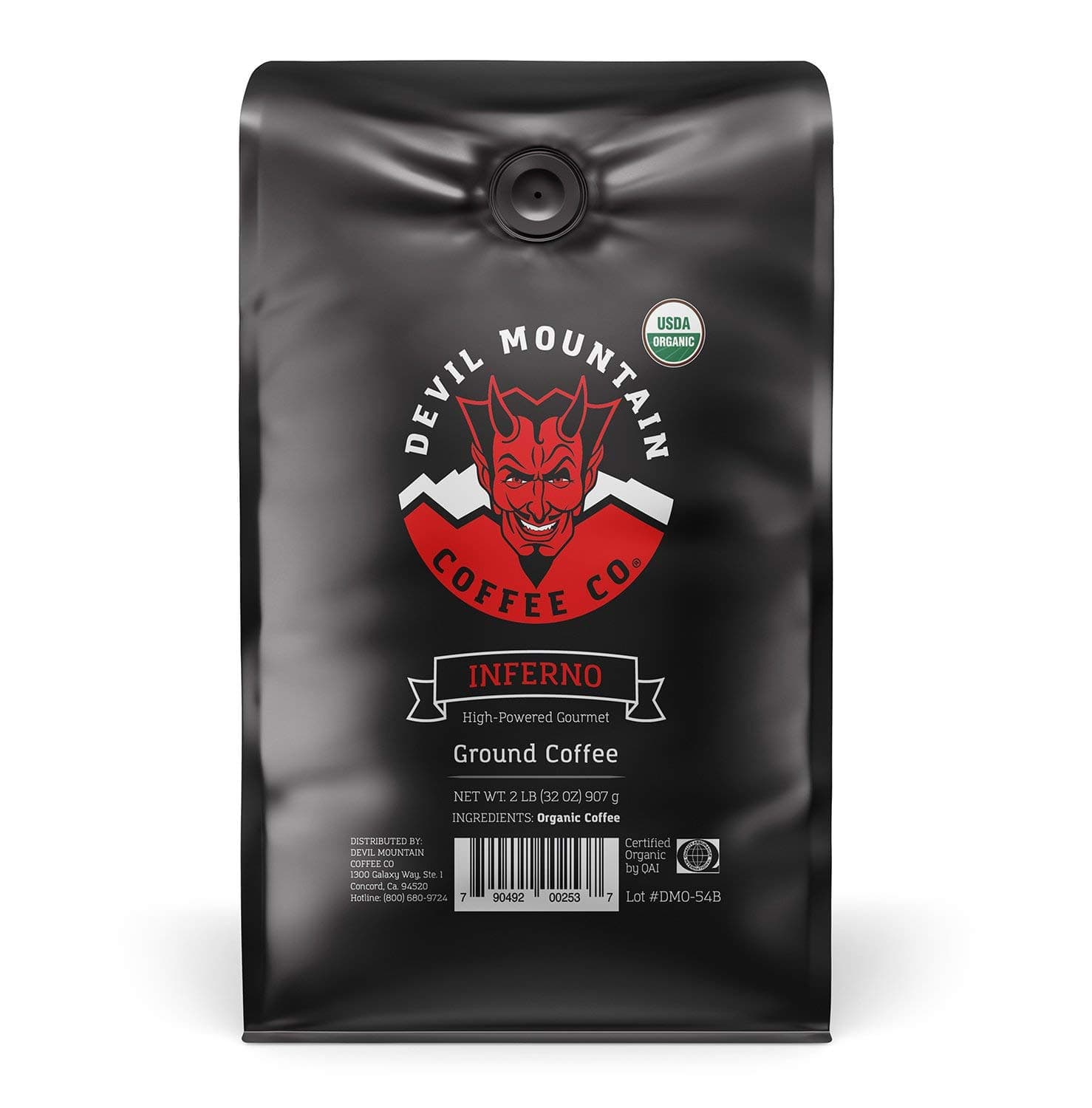 Devil Mountain Coffee Inferno Dark Roast Ground Coffee, Strong High Caffeine Coffee Beans, USDA Organic, Fair Trade, Bold Blend, Gourmet Artisan Roasted, Strongest Coffee in the World, 2 Lb Bag
