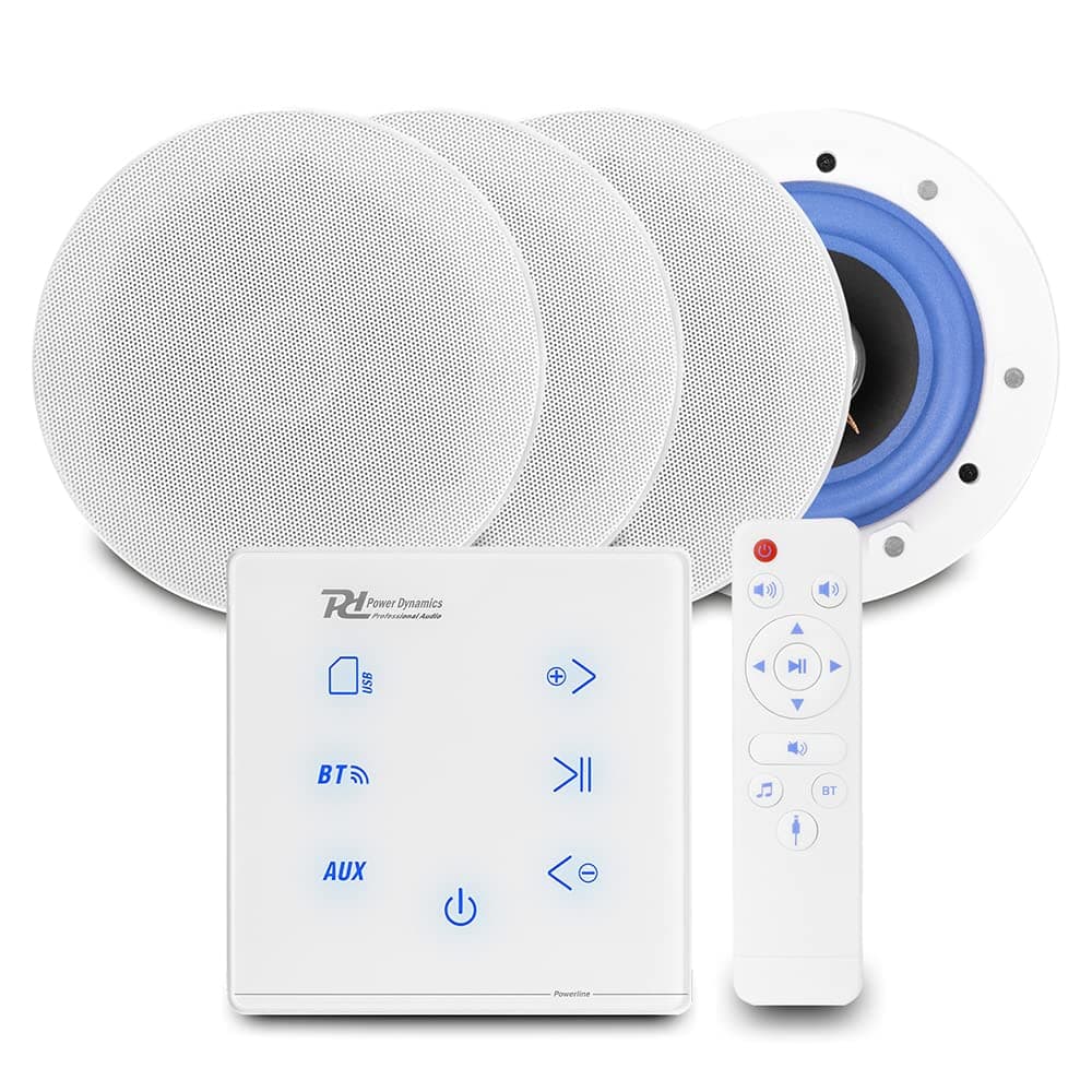 Power Dynamics Powerline Bluetooth Ceiling Speaker Package - Home Audio System with A100W Wall Amplifier & 4x ESCS5 5.25" Ceiling Speakers in White