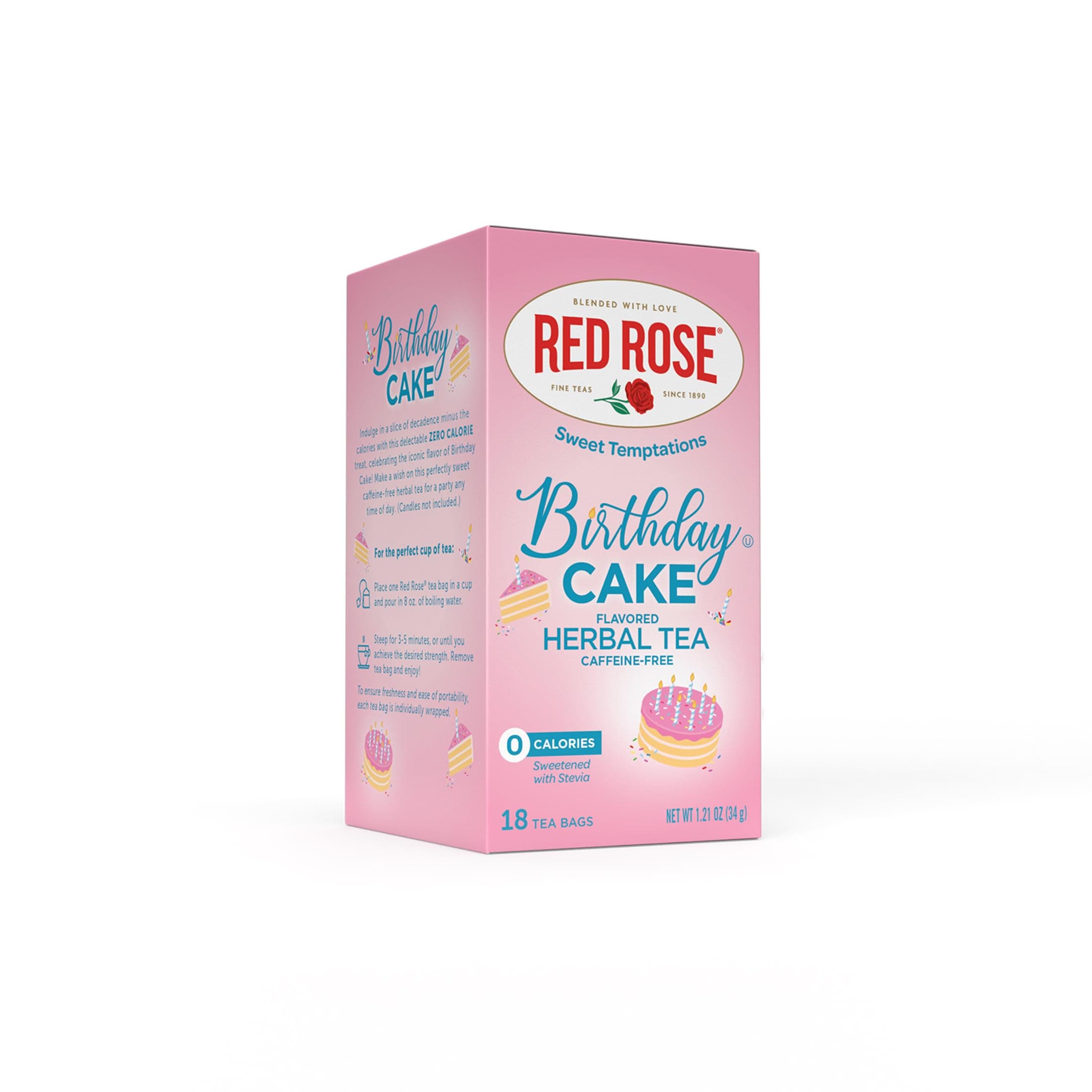 Red Rose Sweet Temptations Dessert Tea Birthday Cake, Zero Carbs, Zero Sugar Bursting with Flavor Caffeine-Free Delicious Beverage Herbal Tea, 18 Individually Wrapped Fruit Naturally Flavored Tea Bags
