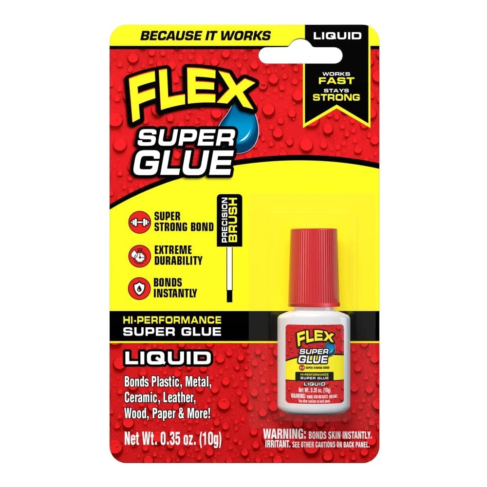 Flex Super Glue Liquid, 10 Gram Brush-On Bottle, 1-Pack, Clear, Instant Bond, Quick Dry, Cyanoacrylate Adhesive, Precision Brush for Wood, Metal, Plastic, Crafts, Ceramic, and Toy Repairs