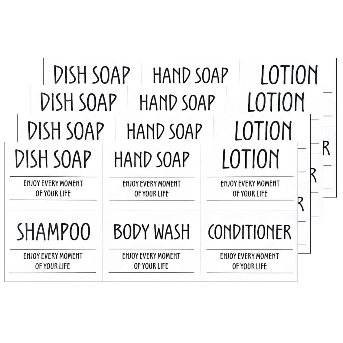 Printed Bathroom Labels Set 24PCS Waterproof Refillable Bottles Stickers for Dish Soap Body Wash Conditioner Shampoo Display