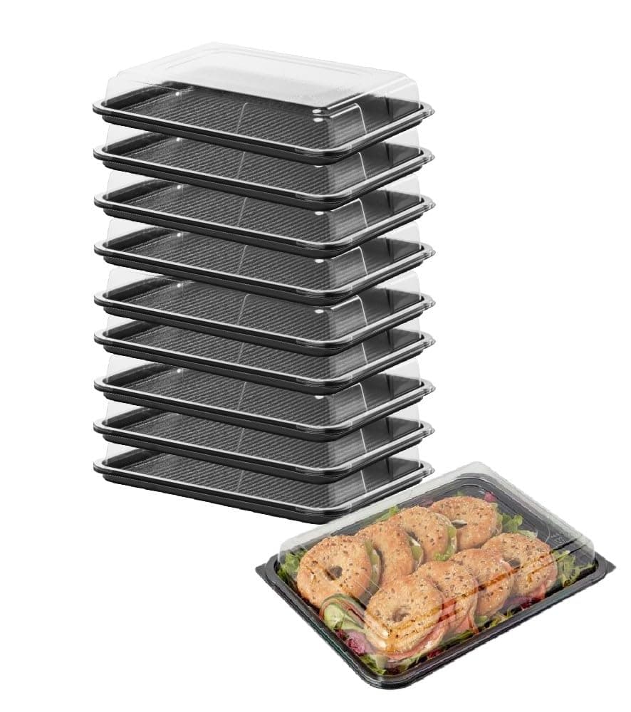 Caterline 10 x Medium Sandwich Platters with Lids | Plastic Black Base Trays for Party Food & Buffets. Reusable & 100% Recyclable