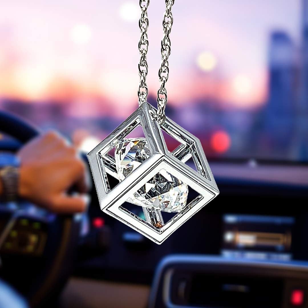 Clear Diamond Cube Crystal Car Rear View Mirror Charms, Bling Car Accessories, Sun Catcher Hanging Ornament w/Chain, Car Charm & Home Decor Ornament (Clear)