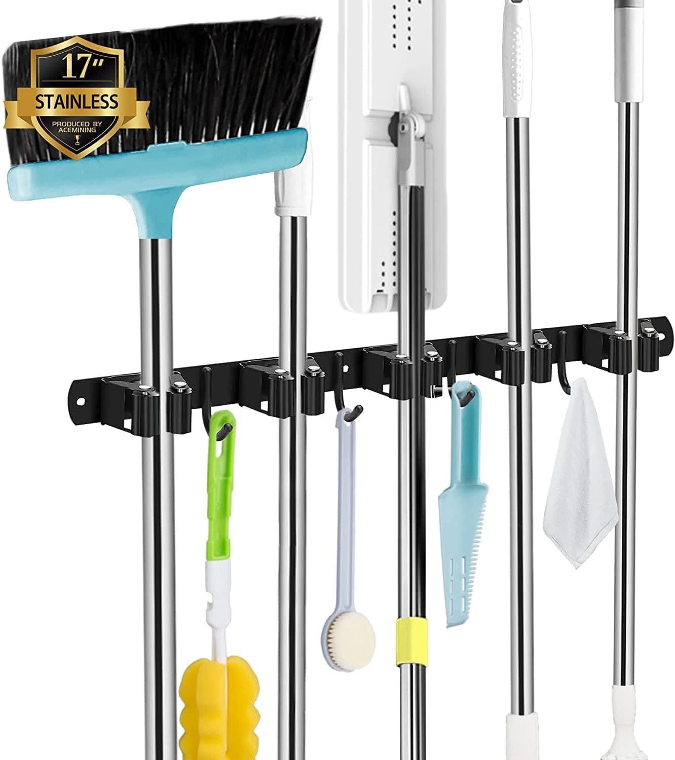 AceMining 5 Holders+4 Hooks Black Broom Holder Wall Mounted with Nails Installation, Heavy Duty Stainless Steel Mop Holder, Brush Mop and Broom Storage Self Adhesive
