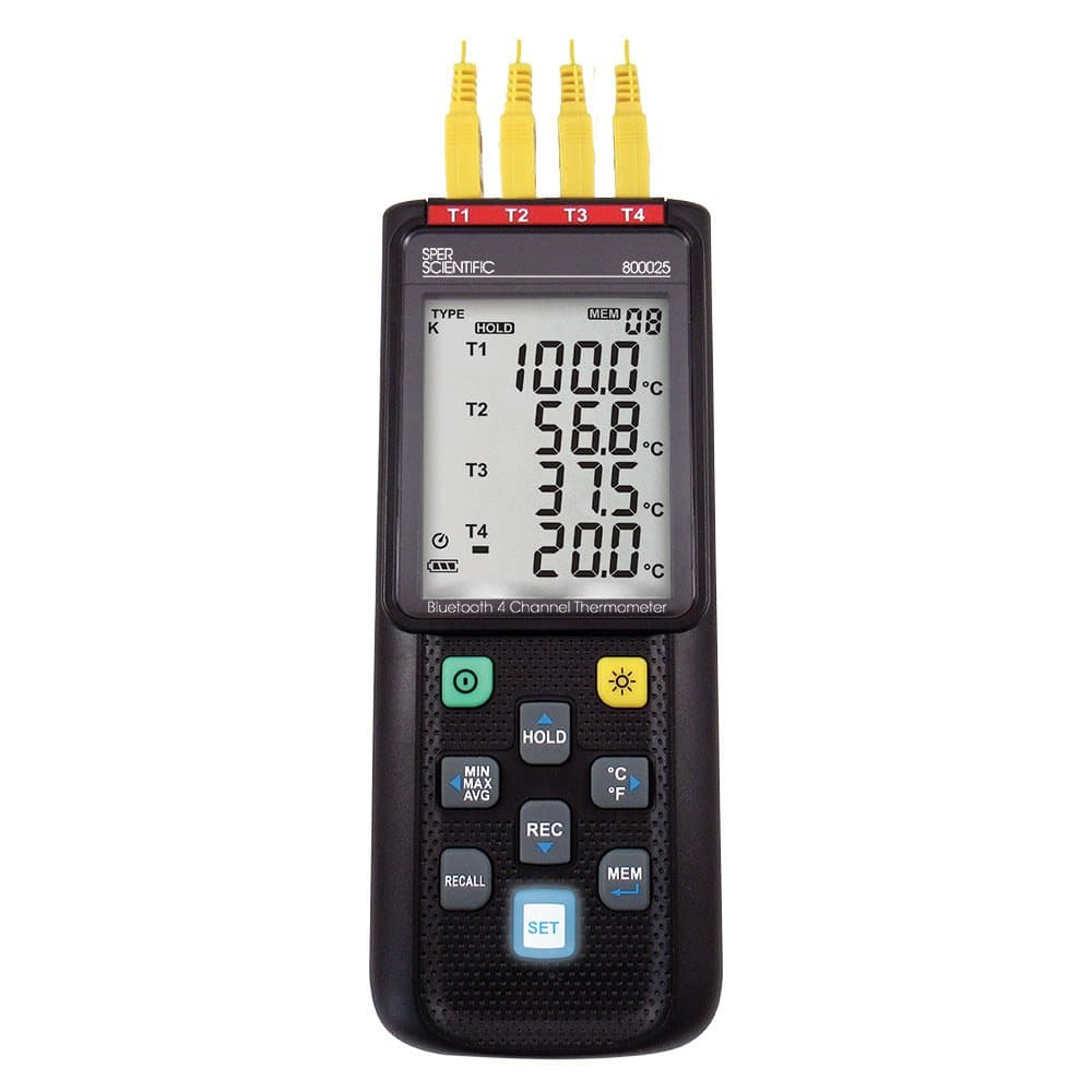 Sper Scientific 800025B Bluetooth 4 Channel Datalogging Type K Thermometer, K -328 to 2501°F -200 to 1372°C ± (0.1% of Reading + 1.4°F) ± (0.1% of Reading + 0.7°C)