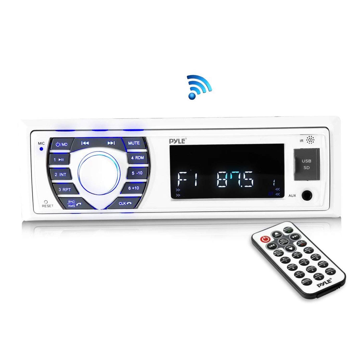 Bluetooth Marine Receiver Stereo - 12v Single DIN Style Boat in Dash Radio Receiver System with Digital LCD, RCA, MP3, USB, SD, AM FM Radio - Remote Control, Wiring Harness - PLRMR23BTW (White)