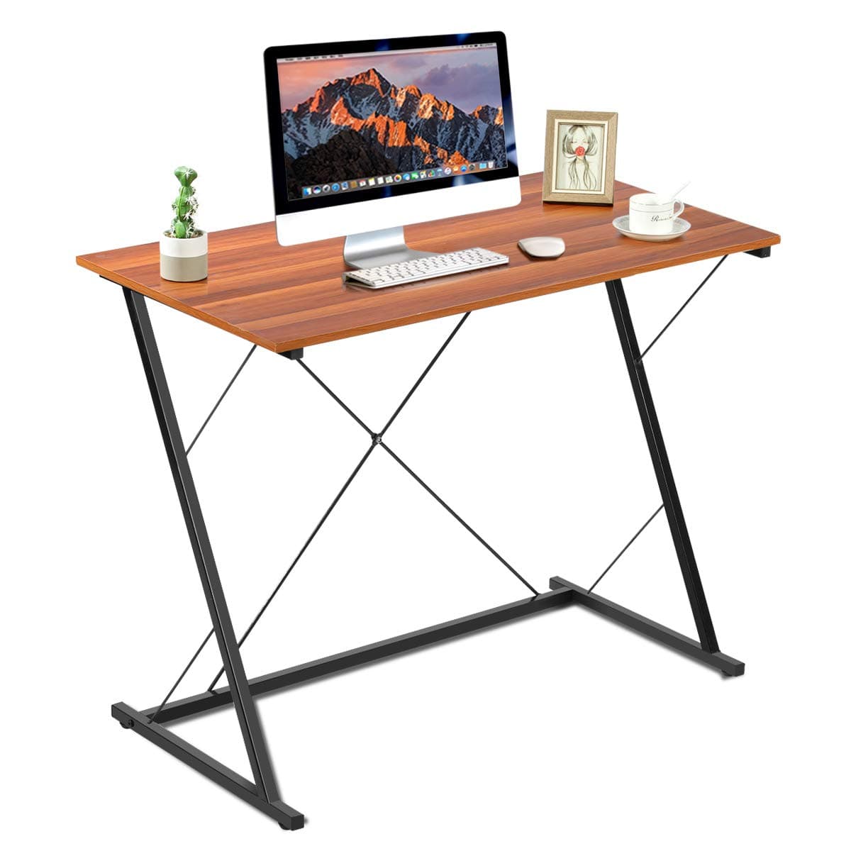 Tangkula Computer Desk, Modern Simple Study Writing Desk Office Desk, Laptop Table Rectangular Workstation with Metal Frame and MDF Board for Home Office (Brown)