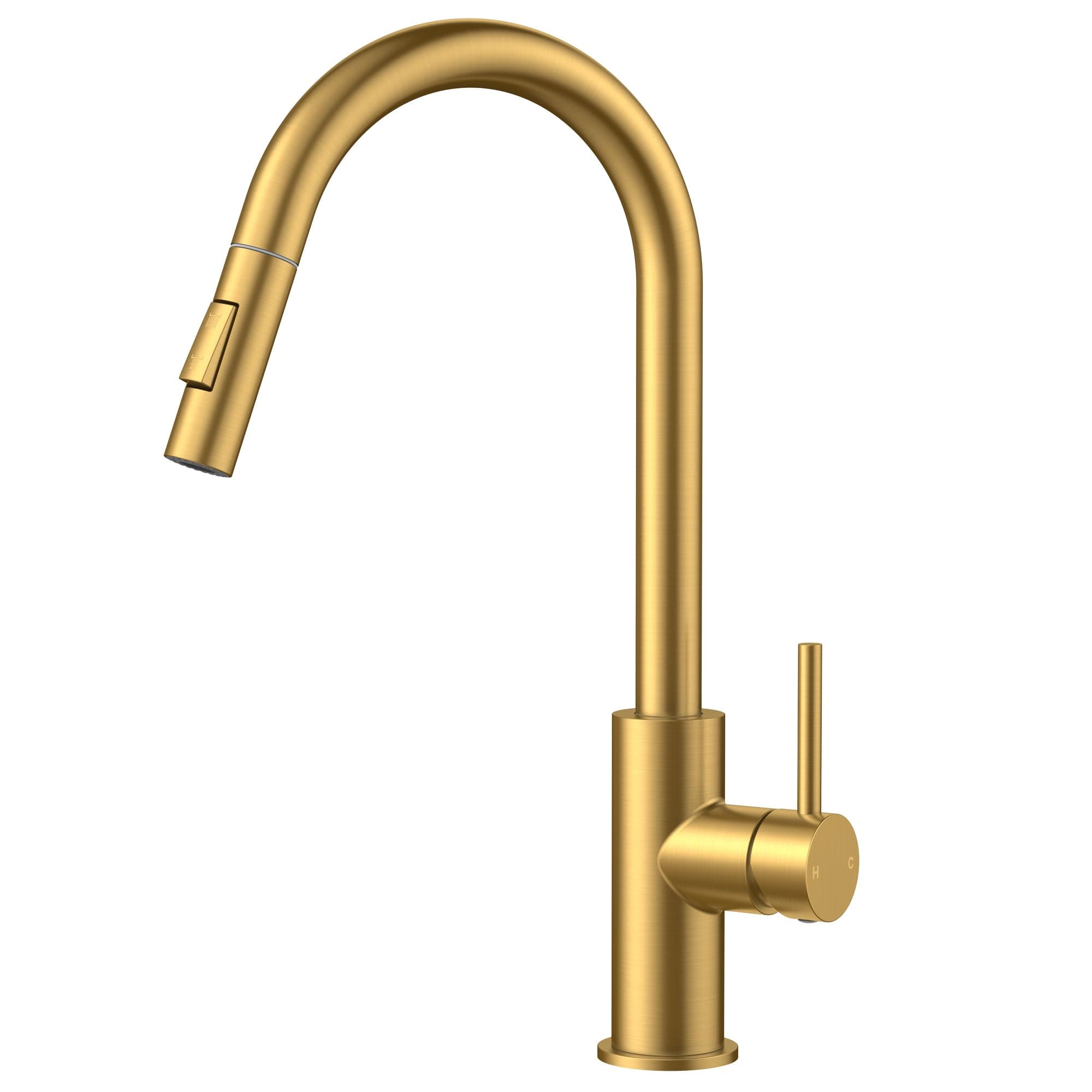 FORIOUS Gold Kitchen Faucet with Pull Down Sprayer, Brushed Brass High Arc Gooseneck Modern Sink Faucet with CUPC Ceramic Cartridge, Single Handle Stainless Steel and Deck Plate