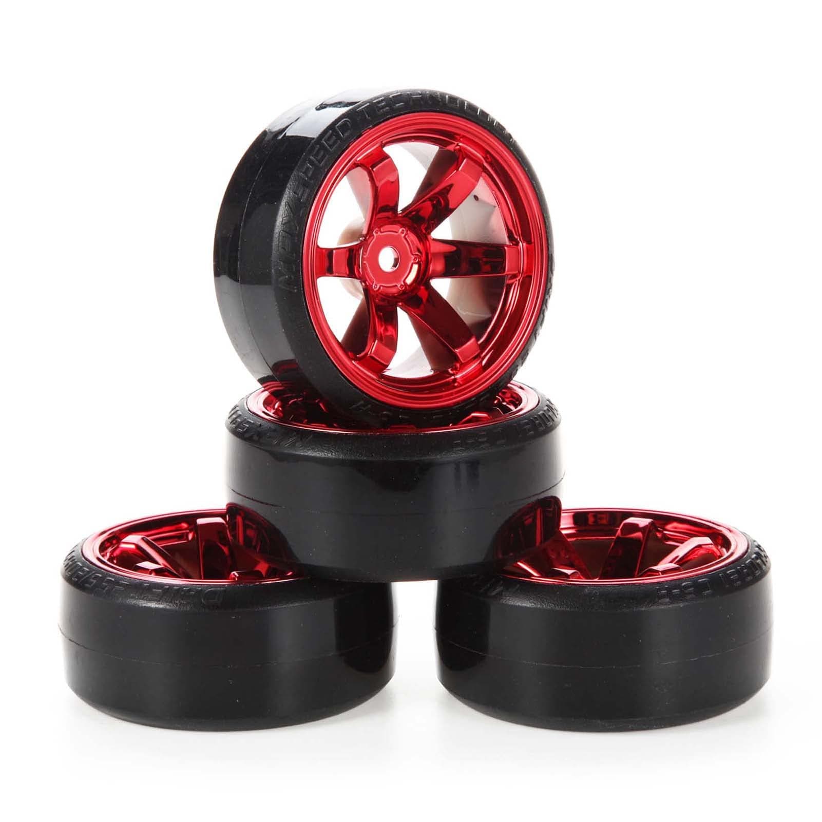 KEEDA RC Drift Car Plastic Wheels and Tyres, 63 mm Hard Tyres for 1/10 on Road Racing Drift Car Parts (Red)