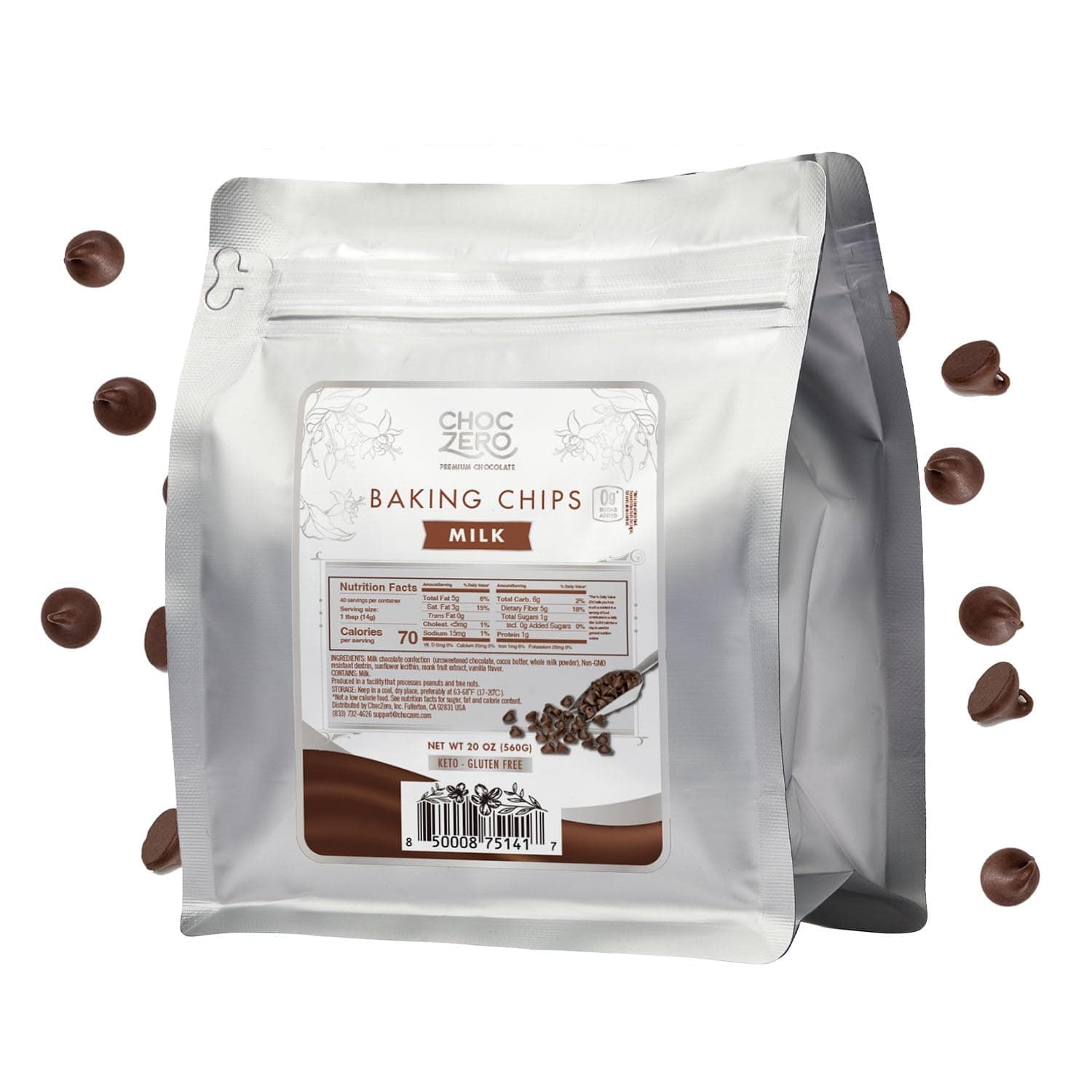 Milk Chocolate Chips, No Added Sugar, Keto & Low Carb, Gluten Free, No Sugar Alcohols, 20 oz Bag for Baking & Desserts