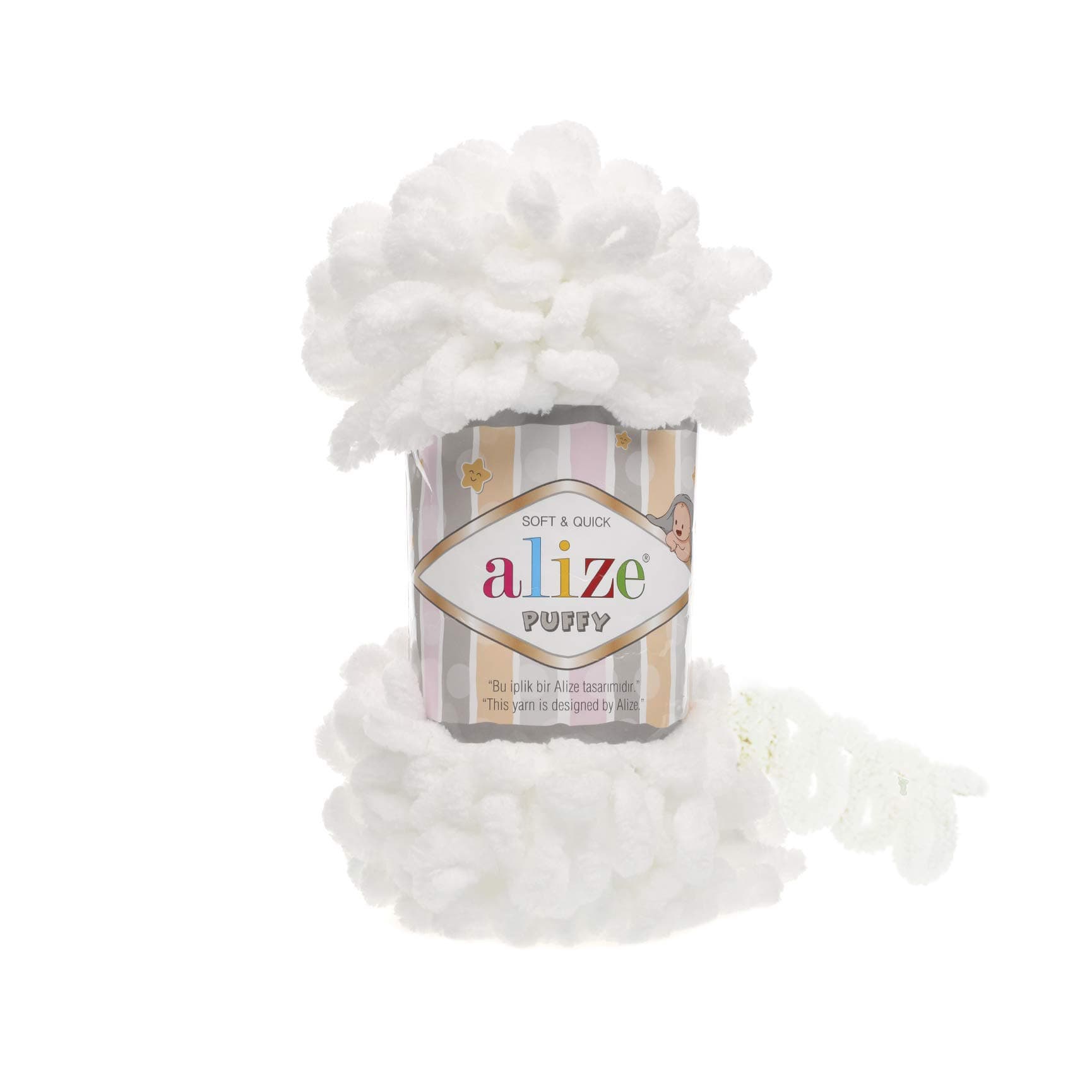 Alize Puffy Knitting Yarn 100 g, Patented Innovation, Loop Knitting without Needles, Colour: 55 White