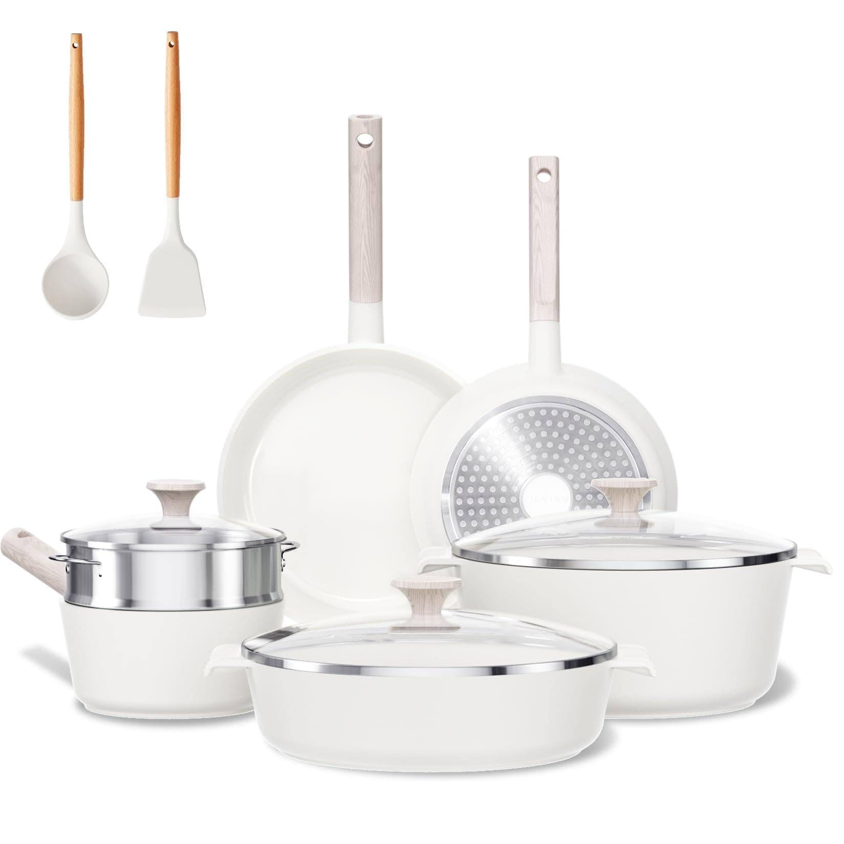 16pcs Ceramic Cookware kitchen Sets, Non Stick Pots and Pans Set, Healthy Non toxic Induction Cookware, Nonstick Pan Sets for Cooking(PFOS, PFOA Free) (16 PCS White)Recycled Claim Standard 100